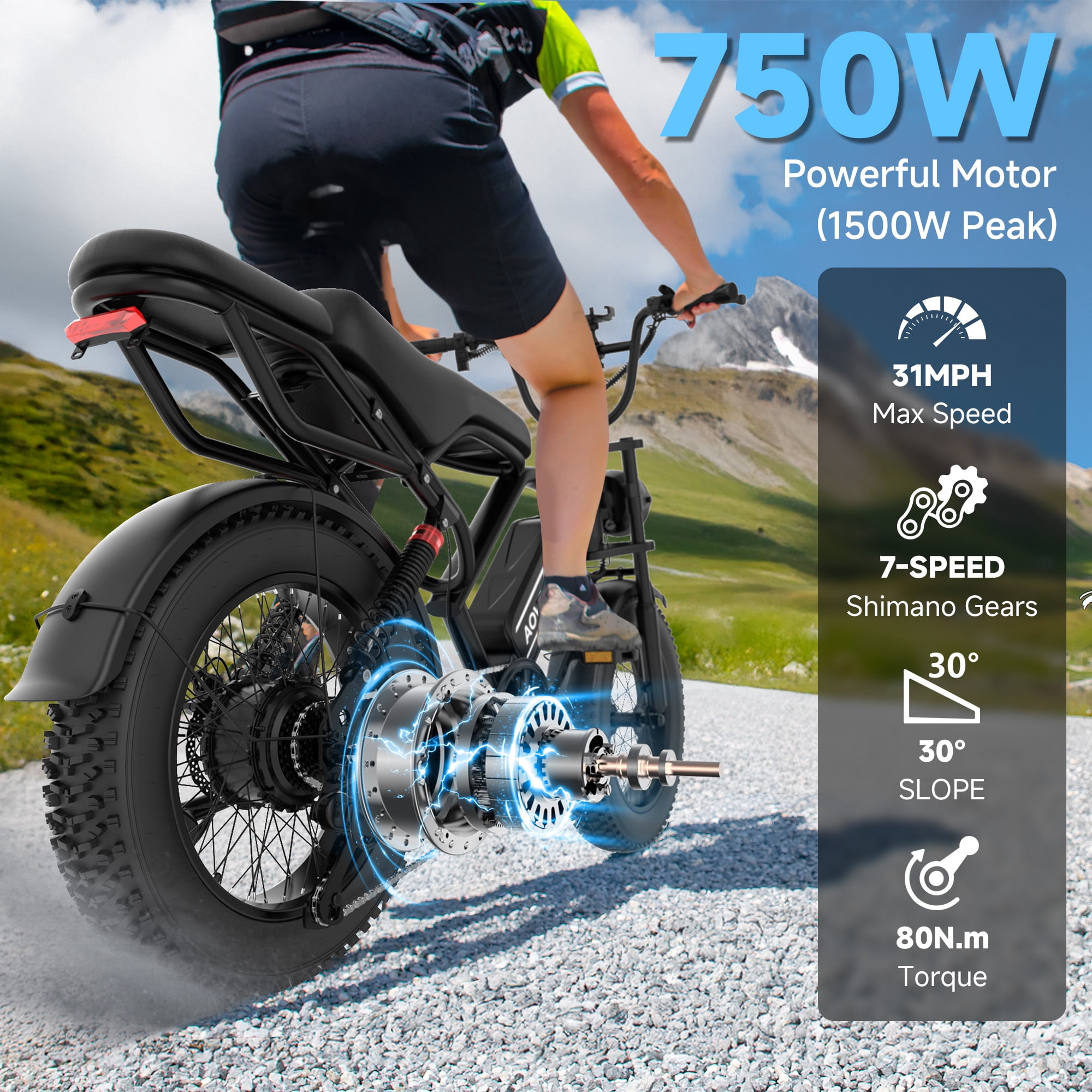 AOVOPRO AP20 Electric Bike for Adults, 750W Off-Road E-Mountain Bike with 20 x 4 in Fat Tires (Black, 48V 18Ah) gg6ag