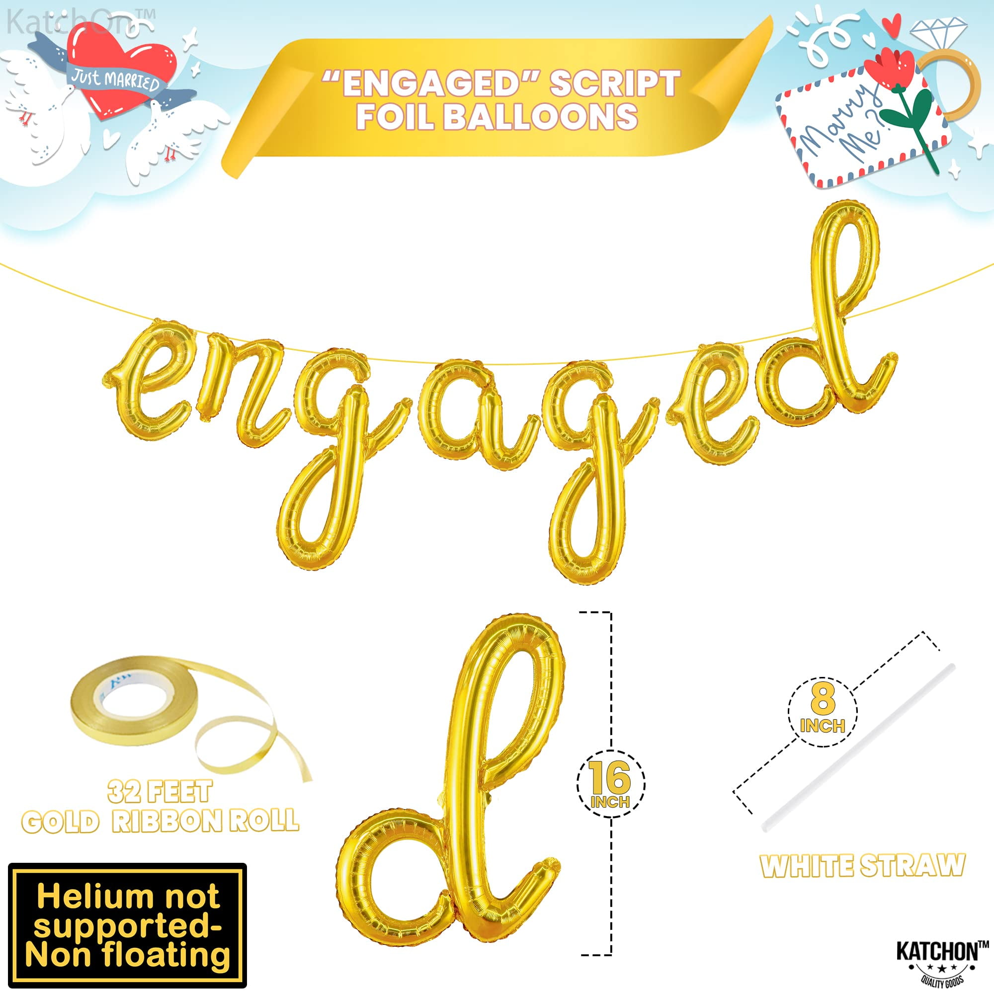 KatchOn Engaged Balloon Banner for Engagement Party Decorations (Gold, 10 ft) w58ir