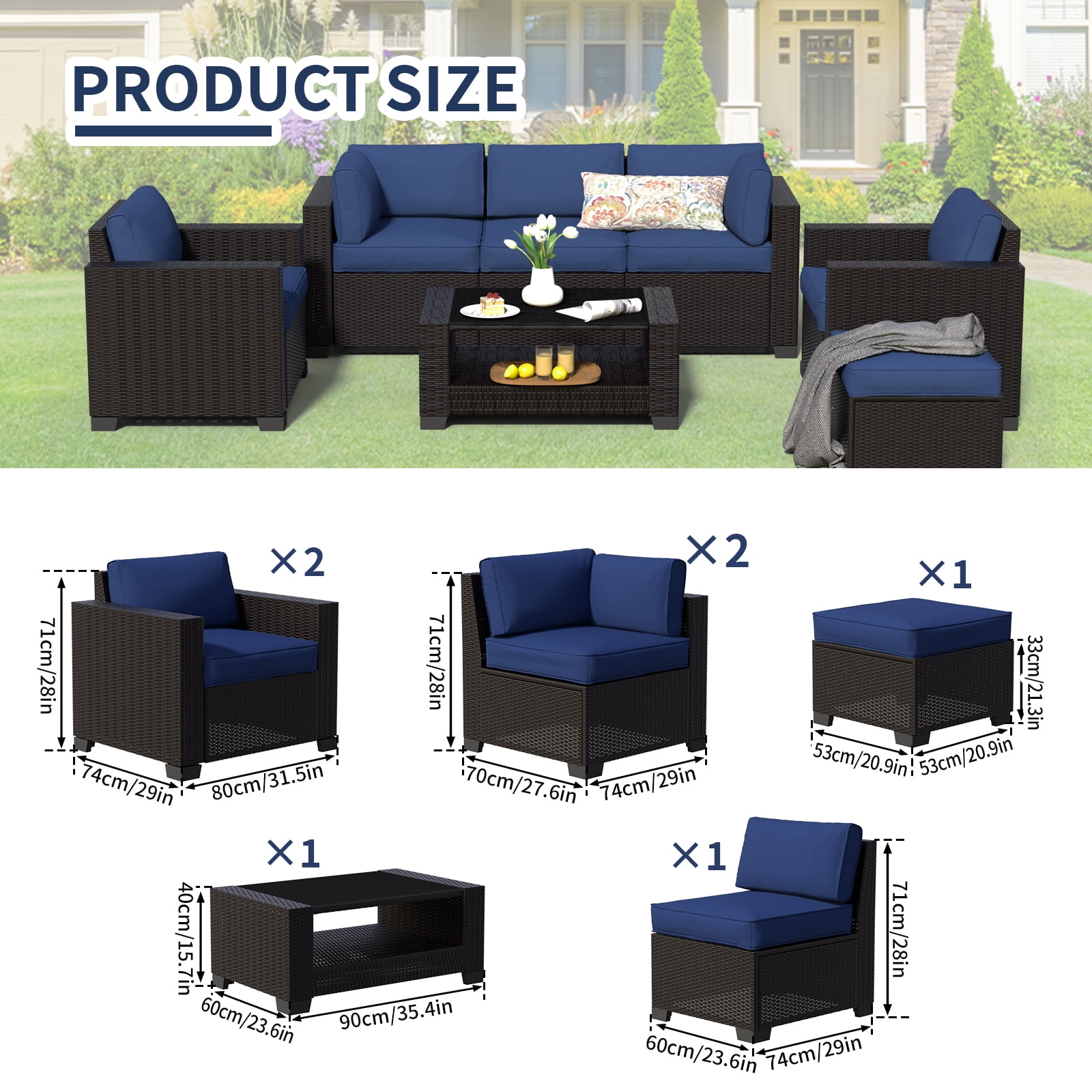 SHGJ&SOFT 7 Piece Patio Furniture Set, Wicker Outdoor Sectional Sofa with Tempered Glass Table (Black, 7 Piece Set) ej0jw