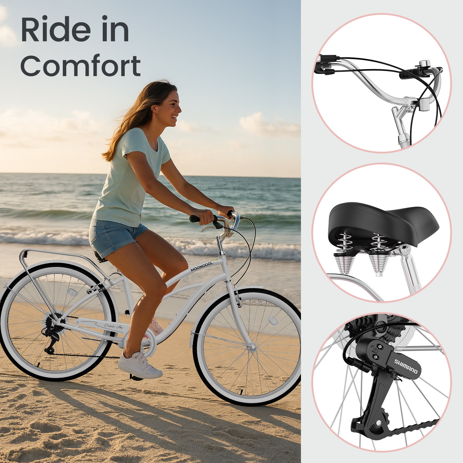 MOONCOOL 7-Speed Beach Cruiser Bike, Step-Through Frame Commuter Bicycle with Cargo Rack (White, 26 in) 89y2i
