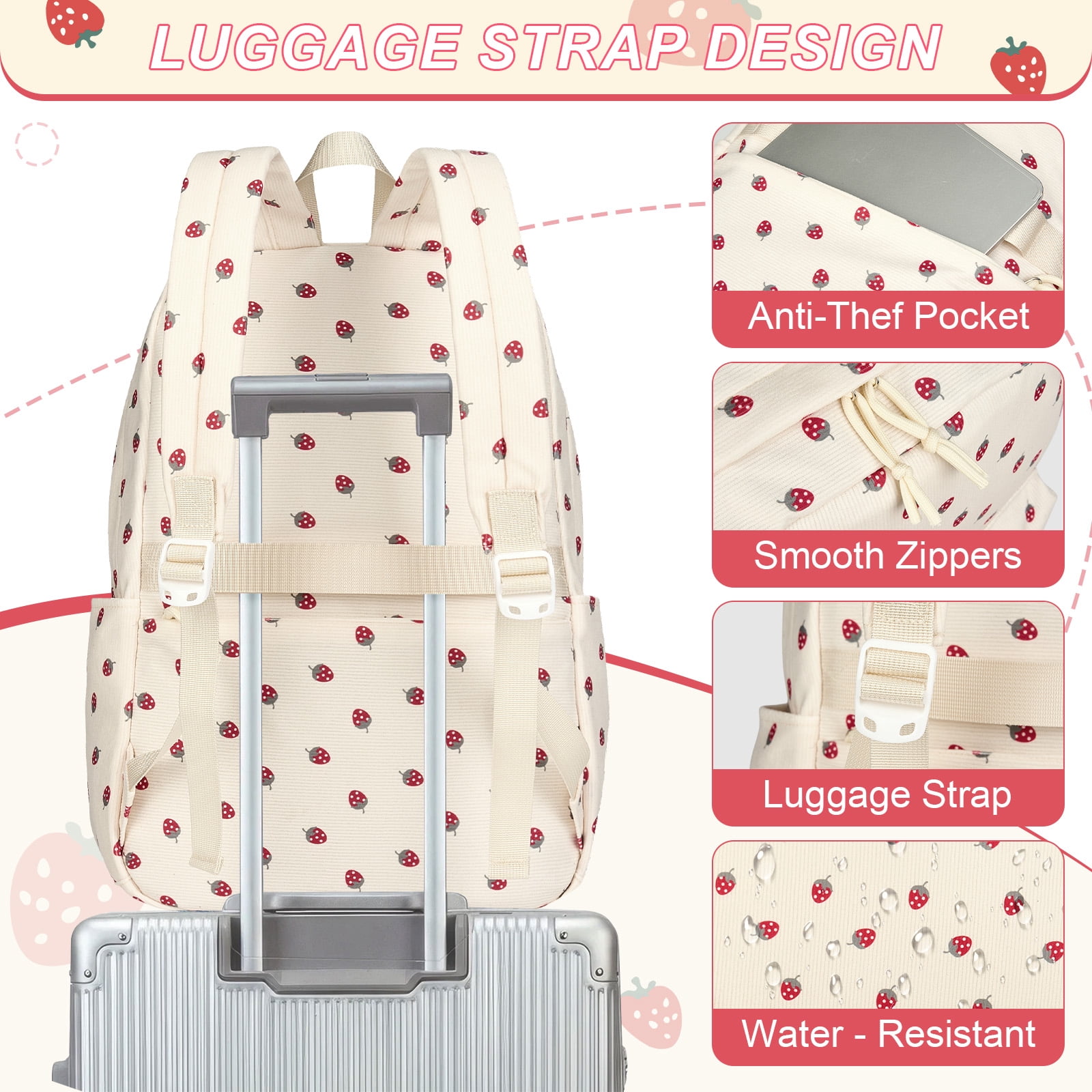 DAKIMOE School Backpack for Girls, Lightweight Large Capacity Bookbag for Teens (Beige Strawberry, 13 in x 6 in x 17 in) 31kgd