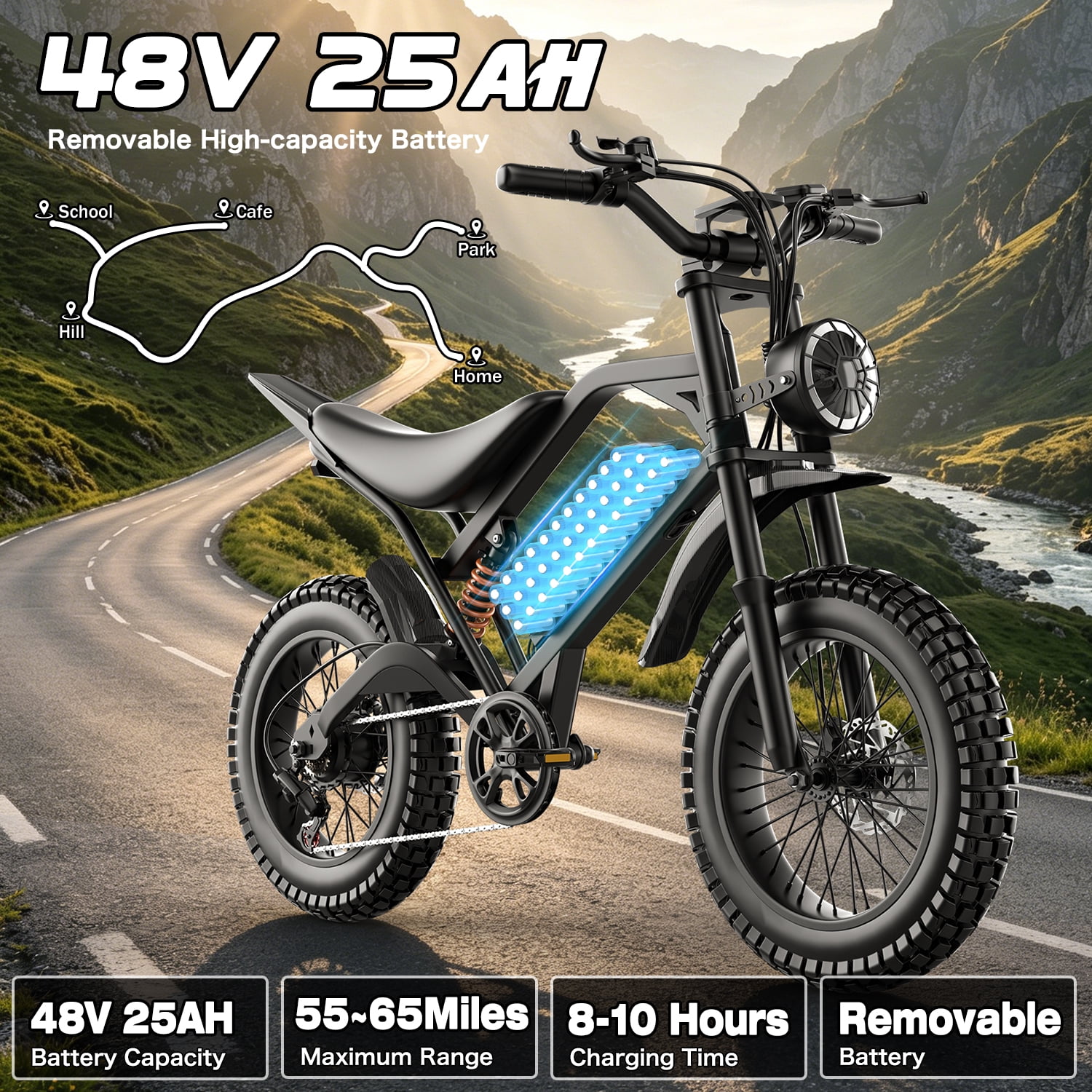 GWEIT Electric Mountain Bike for Adults, 2500W Peak Motor, 20 in Fat Tire E-Bike, Dual Suspension, 48V 25Ah Battery (Black, 20 in) njnt4