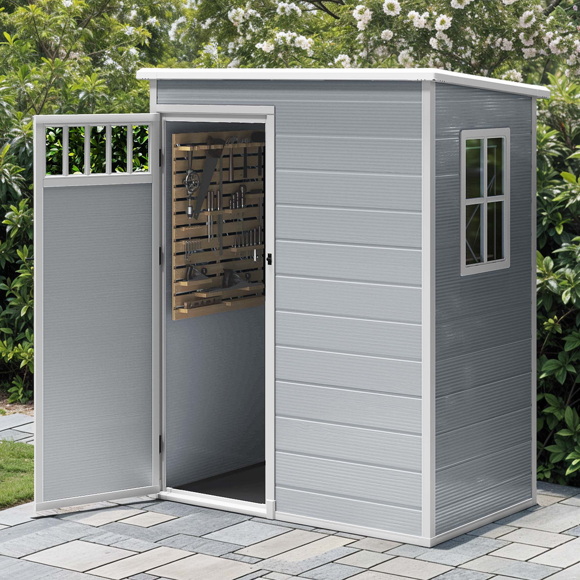 Uforic Outdoor Storage Shed with Windows and Lockable Doors (Gray, 5 ft x 3 ft) ua4kz