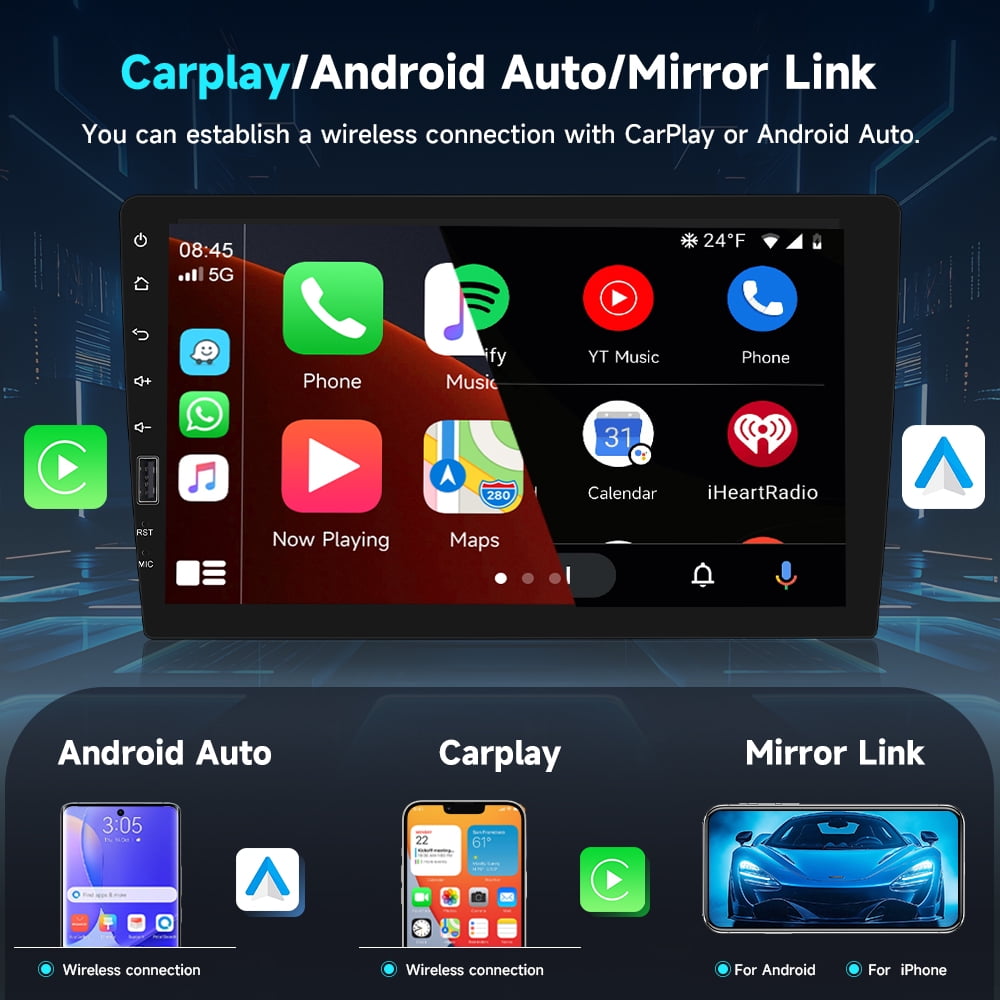 Podofo 9 in Single Din Car Stereo with Wireless CarPlay and Android Auto, Bluetooth, Mirror Link, and Backup Camera (9 in) 5egib