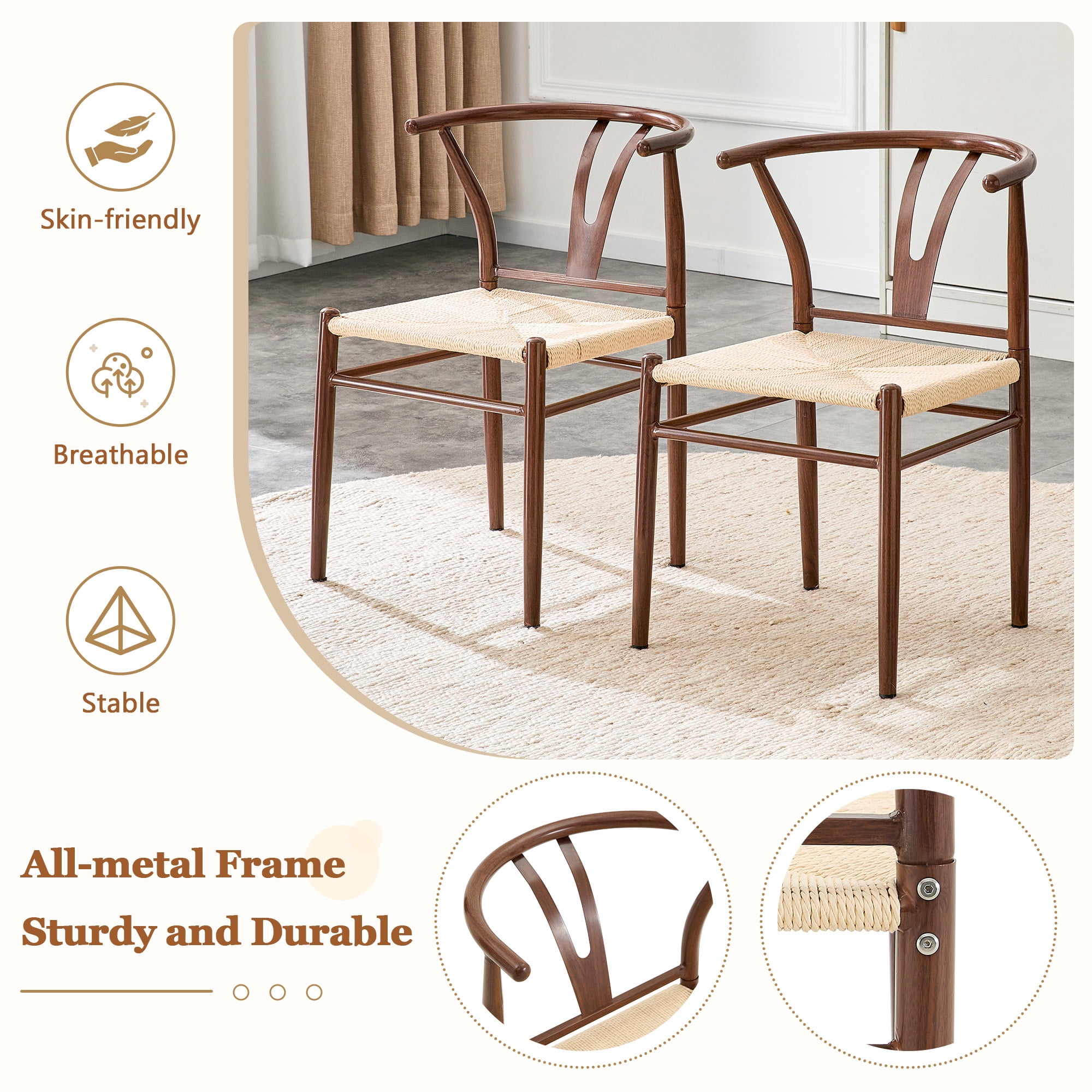 Cekeme Wishbone Dining Chair Set of 2, Mid-Century Modern Y-Shaped Armchair with Woven Seat (Brown, 17.7 in D x 19.6 in W x 29 in H) q5xf2