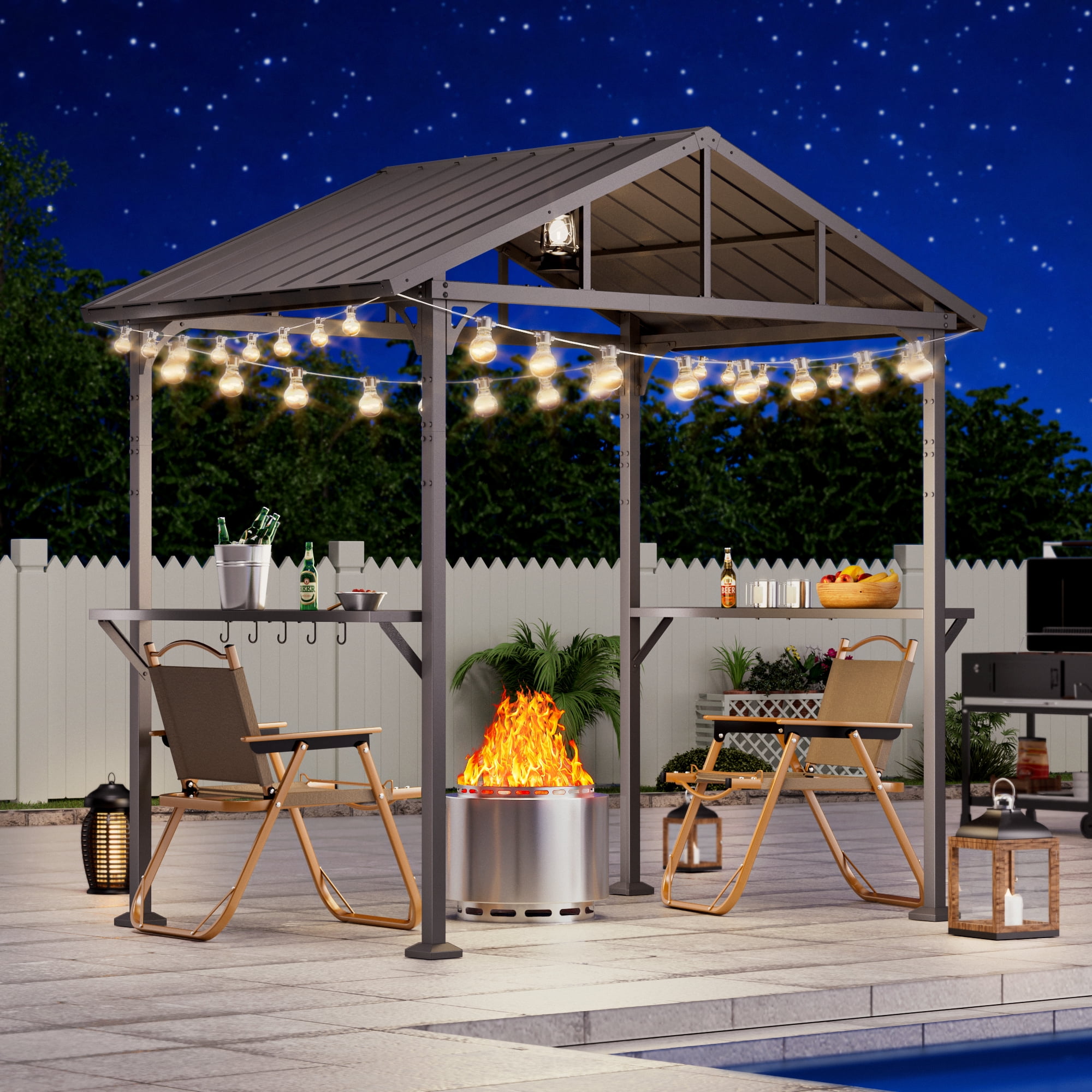 ALAULM 8 ft x 5 ft Hardtop Grill Gazebo, Outdoor BBQ Canopy with 19 in Smokeless Fire Pit, Metal Roof, Side Shelves & Tool Hooks (Black) xou82
