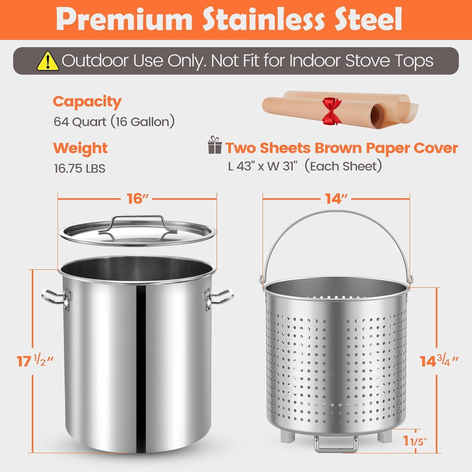 ARC USA 64QT Seafood Boiling Kit, Stainless Steel Propane Burner and Crawfish Pot with Strainer (Silver, 64 qt) p83c5