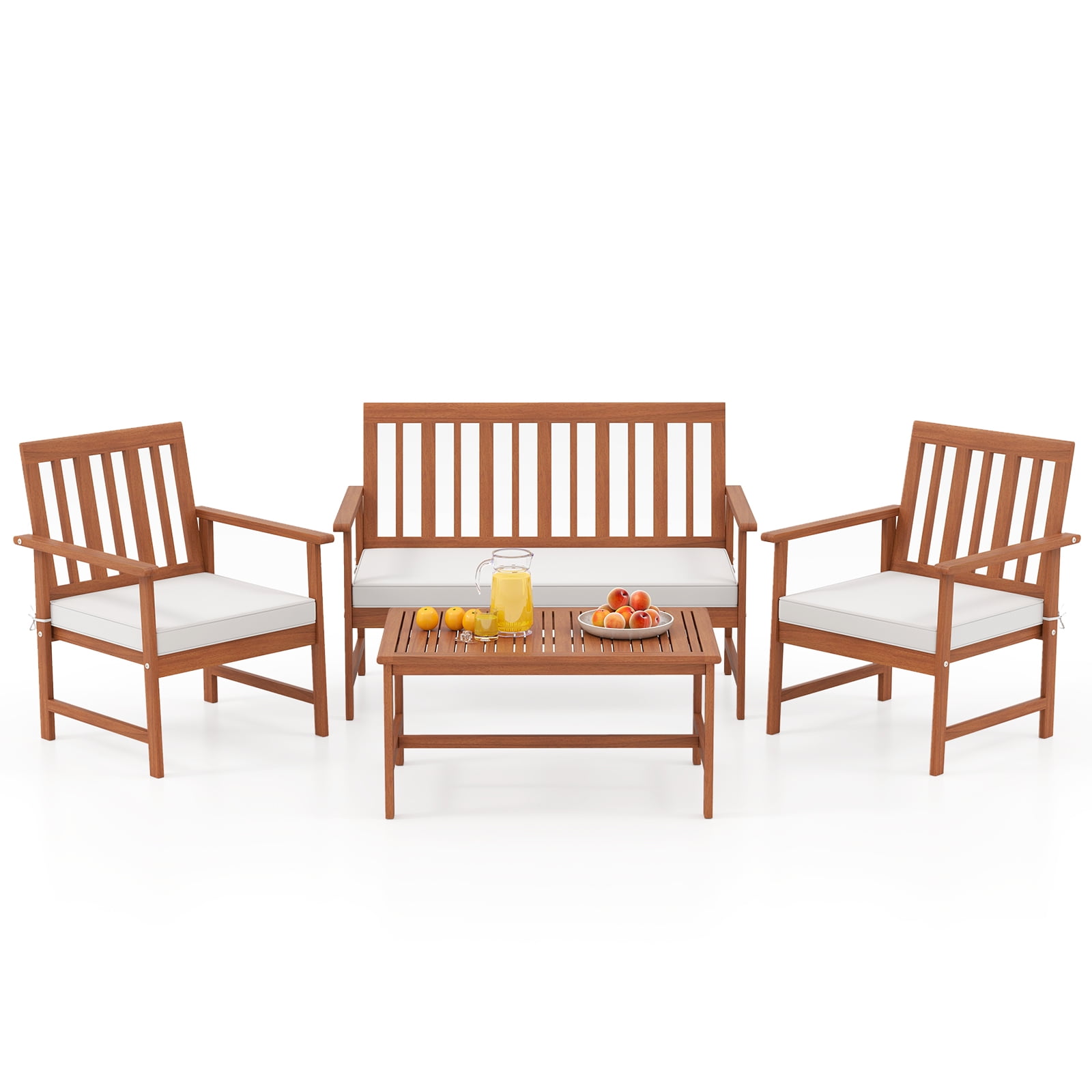 Gymax 4-Piece Acacia Wood Patio Conversation Set with Cushions (White, 4-Piece Set) zioc6