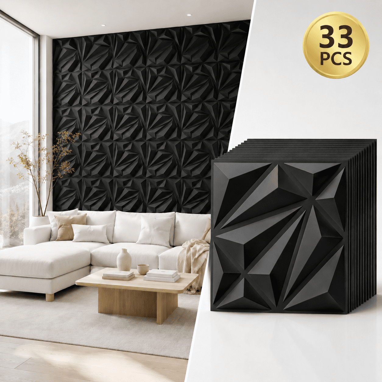 Yeslife 3D Diamond Pattern PVC Wall Panels for Interior Home Decor (Black, 33-Pack, 11.8 in x 11.8 in) lqj1k