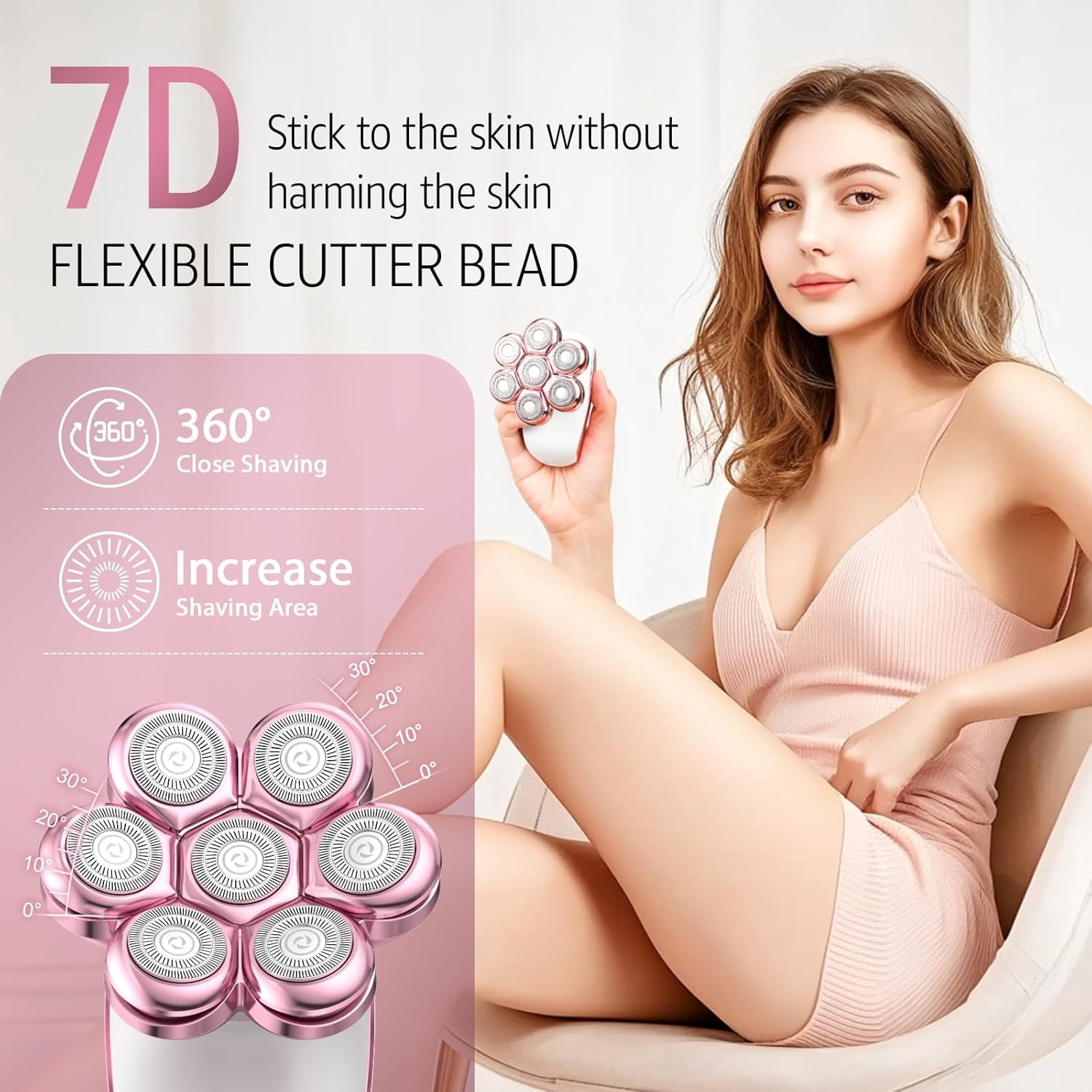 Skdwakiz 5-in-1 Electric Shaver for Women, Cordless 7D Rotary Razor for Legs and Bikini (Pink) sa9nm
