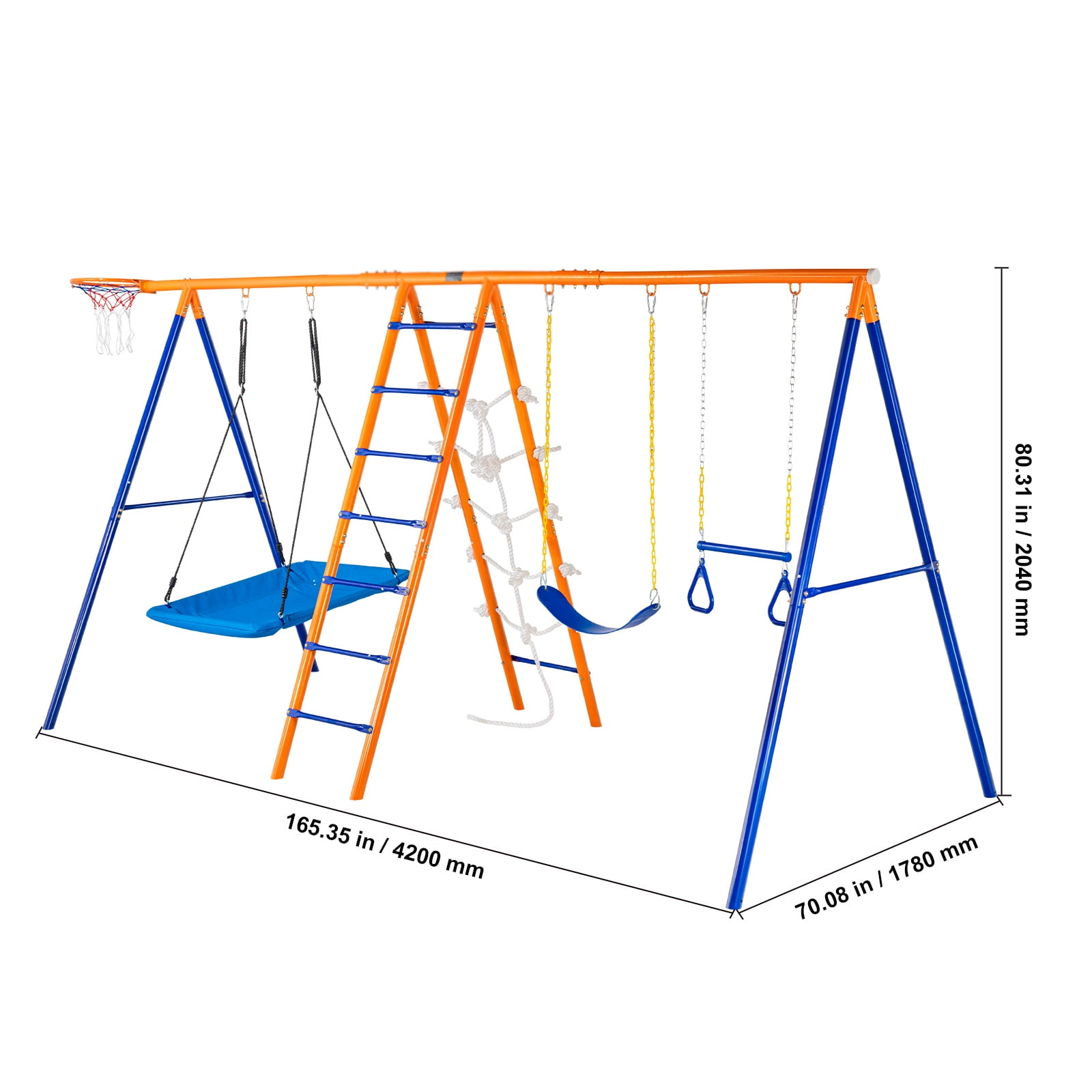 KFFKFF Outdoor Swing Set, 6-in-1 Playground Combo with Dual Swings, Trapeze, Ladder, Net, and Basketball Hoop (Orange, 440 lb) cwxiu
