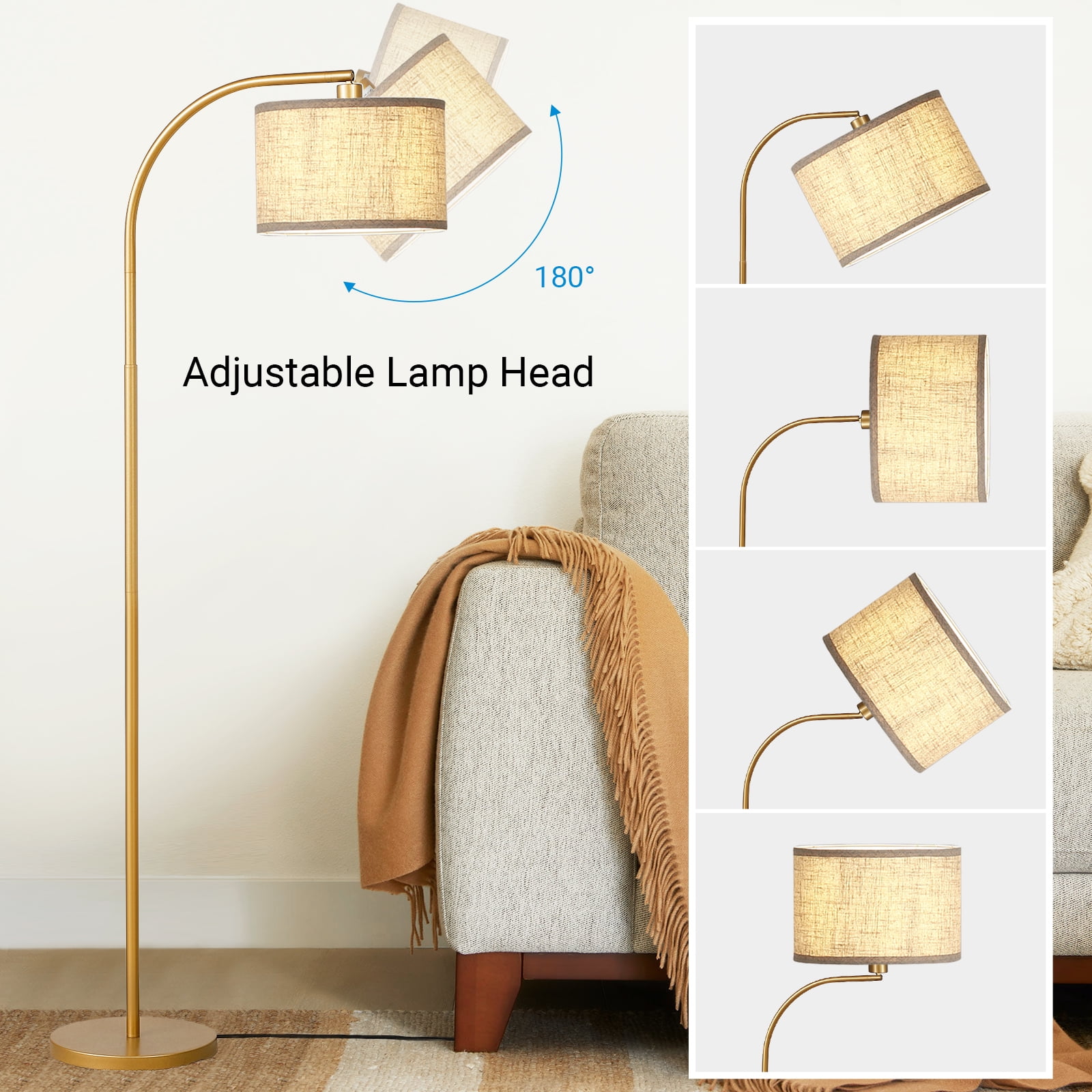 DEWENWILS Modern Arc Floor Lamp, Adjustable Gold Metal Standing Lamp with Foot Switch for Living Room and Bedroom (Gold, 63.4 in) 2eain