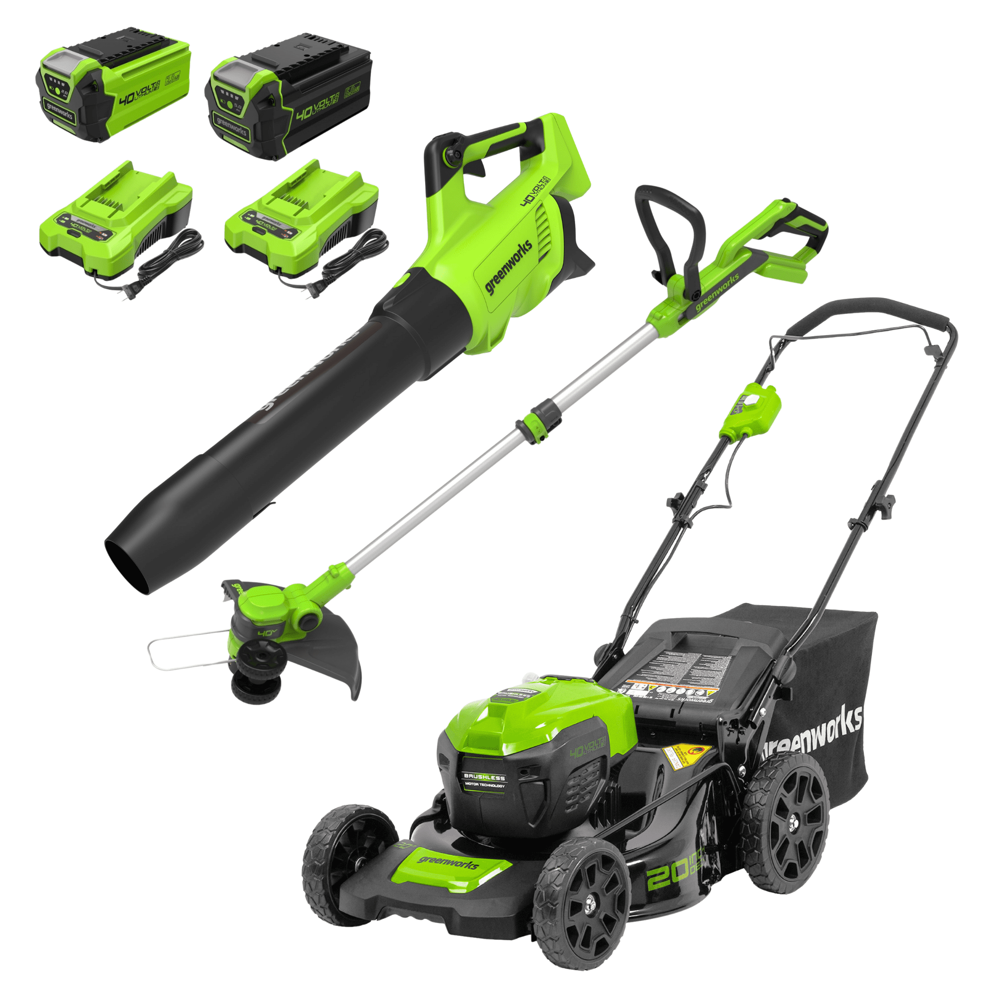 Greenworks 40V 20 in Cordless Battery Push Lawn Mower 3-Piece Combo Kit with Blower and String Trimmer (Green, 1-5.0Ah Battery and 1-2.0Ah Battery) l2ujw