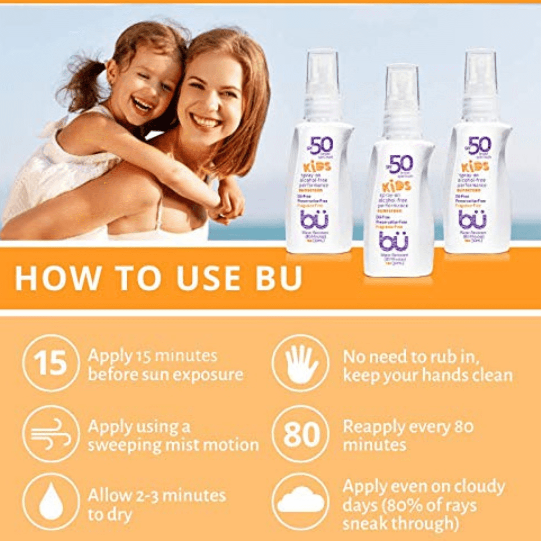 BU Kids SPF 50 Sunscreen Spray, Broad Spectrum Moisturizing Protection for Sensitive Skin (Clear, 3 Pack, 1 oz) dvxd6