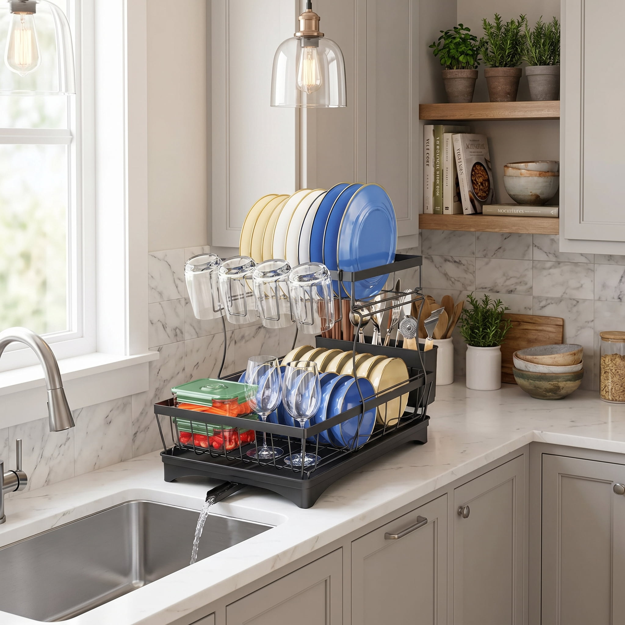Glovv 2-Tier Dish Drying Rack, Heavy-Duty Kitchen Counter Organizer with Auto Drainage System (Black, 15.75 in x 11 in x 12.4 in) 7vwg1