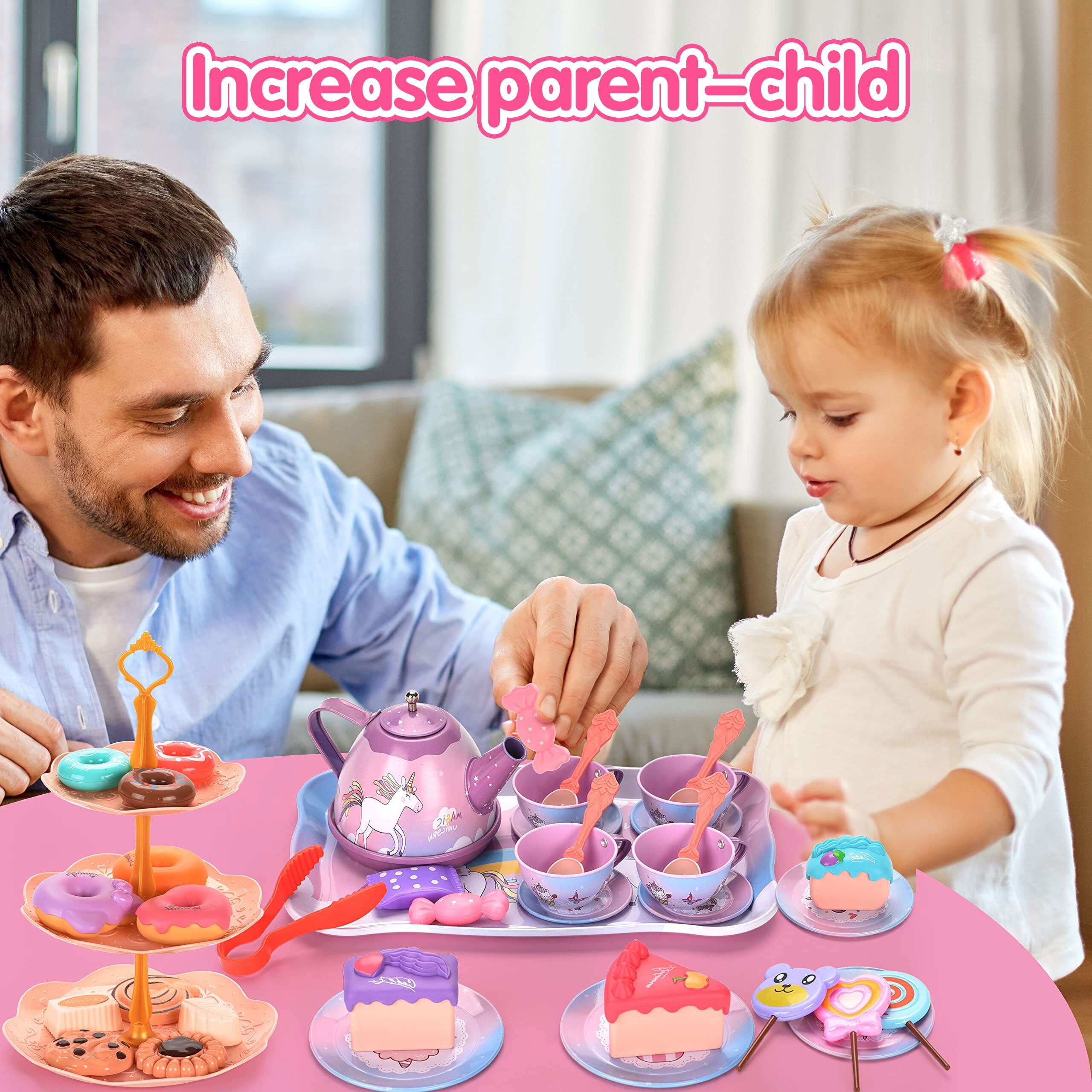 Freecat Unicorn Tea Party Set, Pretend Play Kitchen Activity Toy for Kids (Yellow, 48-Piece Set) mwhwh