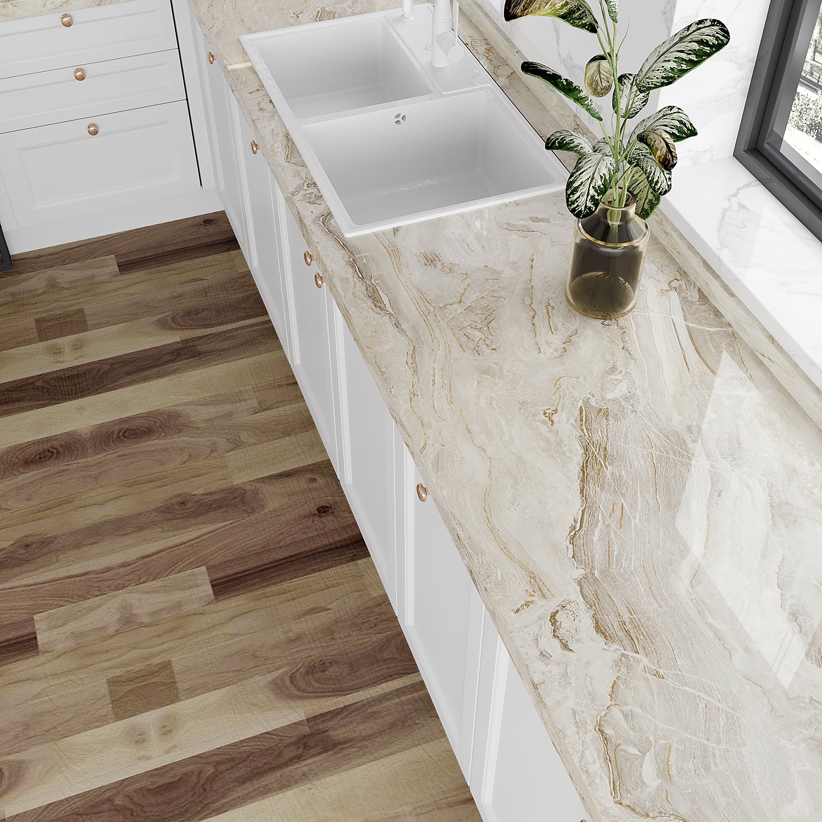 VEELIKE Marble Peel and Stick Contact Paper for Countertops, Waterproof Vinyl Film for Kitchen and Furniture (Beige Gold, 15.7 in x 118.1 in) 579fn