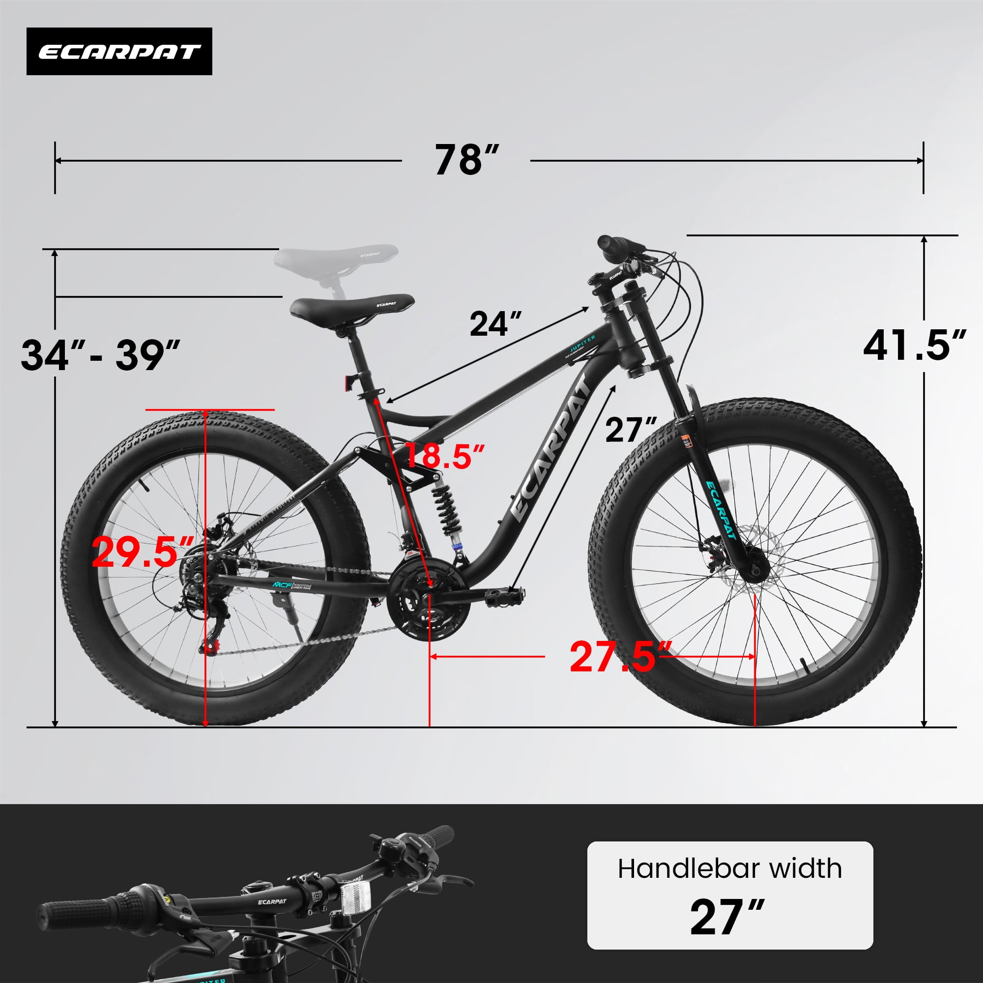 Ambifirner 26 in Fat Tire Mountain Bike, Full Suspension All-Terrain Bicycle with Shimano 21-Speed Drivetrain (Black, 26 in) 8g0rq