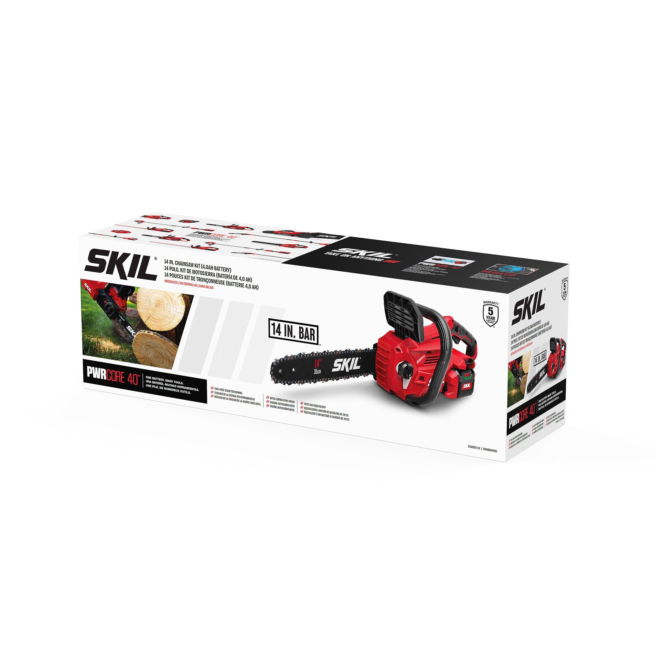 SKIL PWR CORE 40V Brushless 14-Inch Chainsaw Kit with 4.0Ah Battery and 60W Charger (Red, 14 in) yyyjt