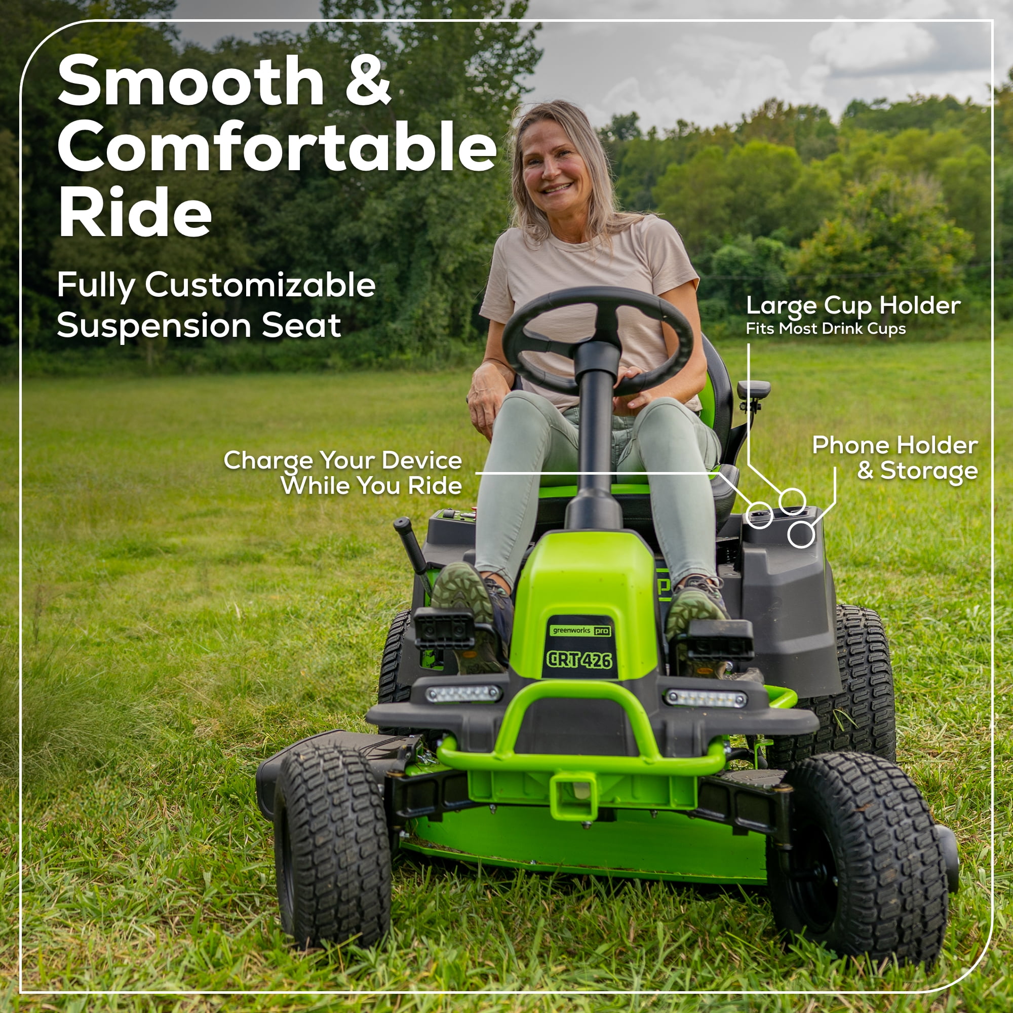 Greenworks 60V 42-in Cordless Electric Riding Lawn Mower with (6) 8.0Ah Batteries and (3) Dual Port Turbo Chargers sksom