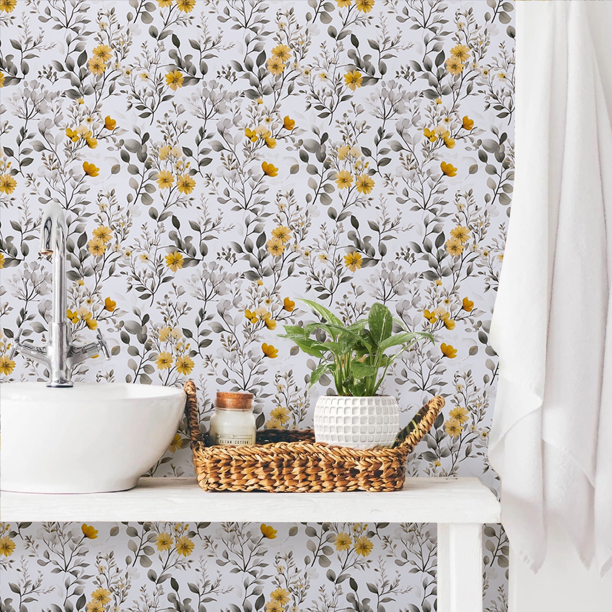 Abyssaly Floral Peel and Stick Wallpaper, Vintage Vinyl Contact Paper for Home Decor (Yellow, 17.3 in x 118 in) 54pri