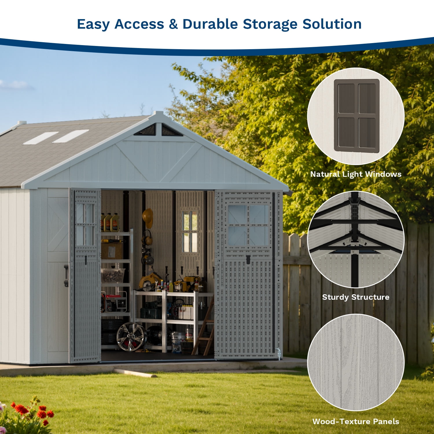 Patiowell 10x10ft Resin Garden Shed with Skylight and Lock, Weatherproof Outdoor Storage for Tools and Equipment (Beige) ijljf