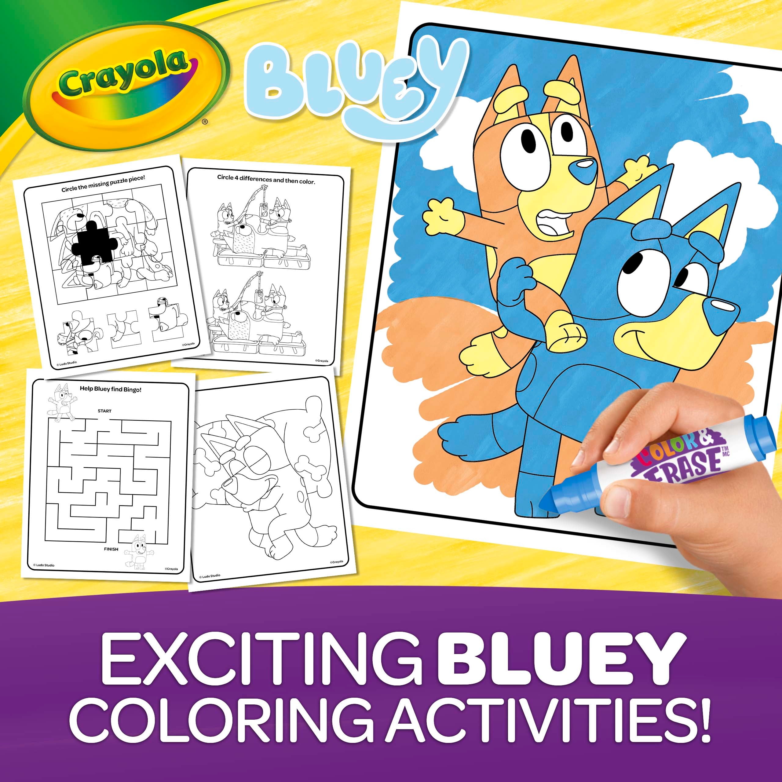 Crayola Bluey Color and Erase Reusable Activity Pad (Multicolor, 8 Pages with 3 Washable Markers) p5yzz