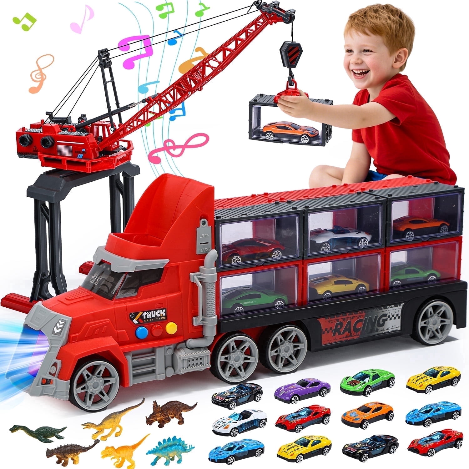 WonderStone 3-in-1 Fire Rescue Truck Playset with Crane, 12 Die-Cast Cars, and 6 Dinosaur Figures (Red, 17.33 in x 7.48 in x 4.33 in) 5bsgw