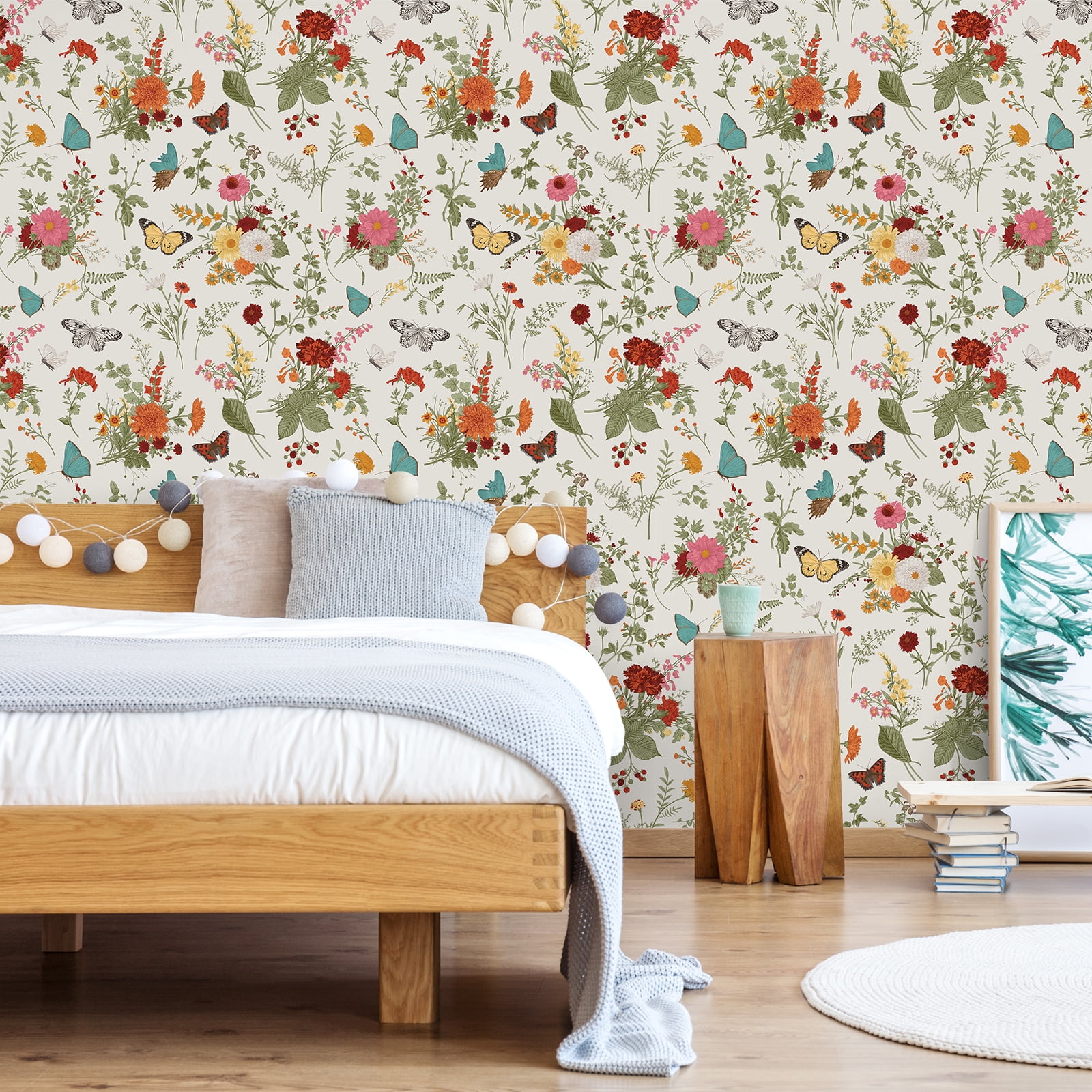 VEELIKE Floral Peel and Stick Wallpaper Vintage Butterflies Marigolds Self-Adhesive Contact Paper for Home Decor (Multi-color, 17.7 in x 118 in) 9ccgs
