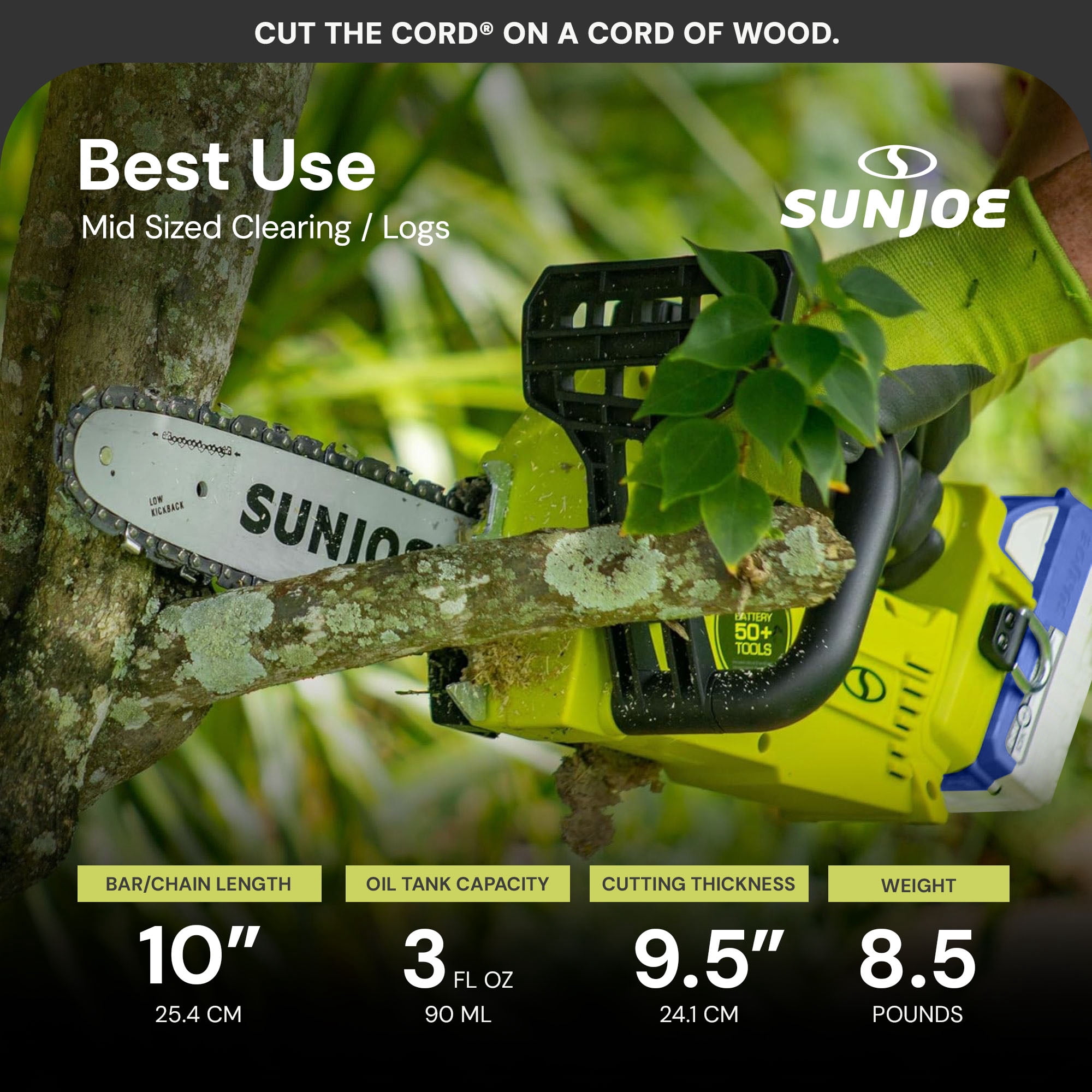 Sun Joe 10 in Cordless Chainsaw, 24V Wood Cutting Tool Kit with Battery and Charger (Green, 10 in) ync1r