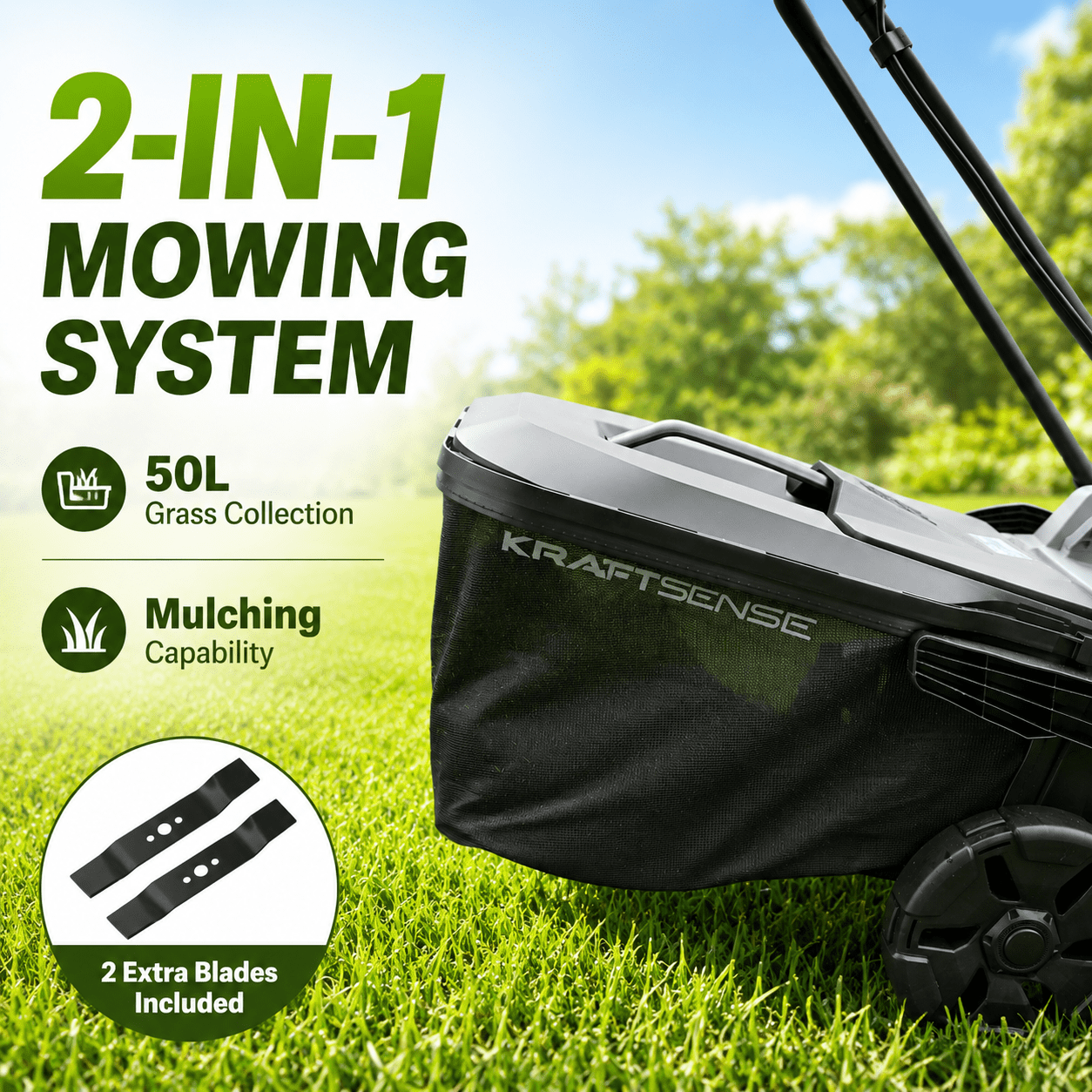 KraftSense 40V Electric Lawn Mower, Brushless Motor, 18-Inch Cutting Deck, 2x8.0Ah Batteries Included (Grey, 18 in) vuqtu