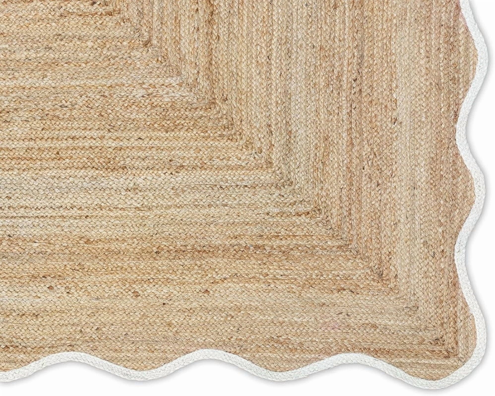 KLAVATE Natural Jute Rug Hand Braided Scalloped Wave Edge Farmhouse Decor (White, 3 ft x 5 ft) 2gbym
