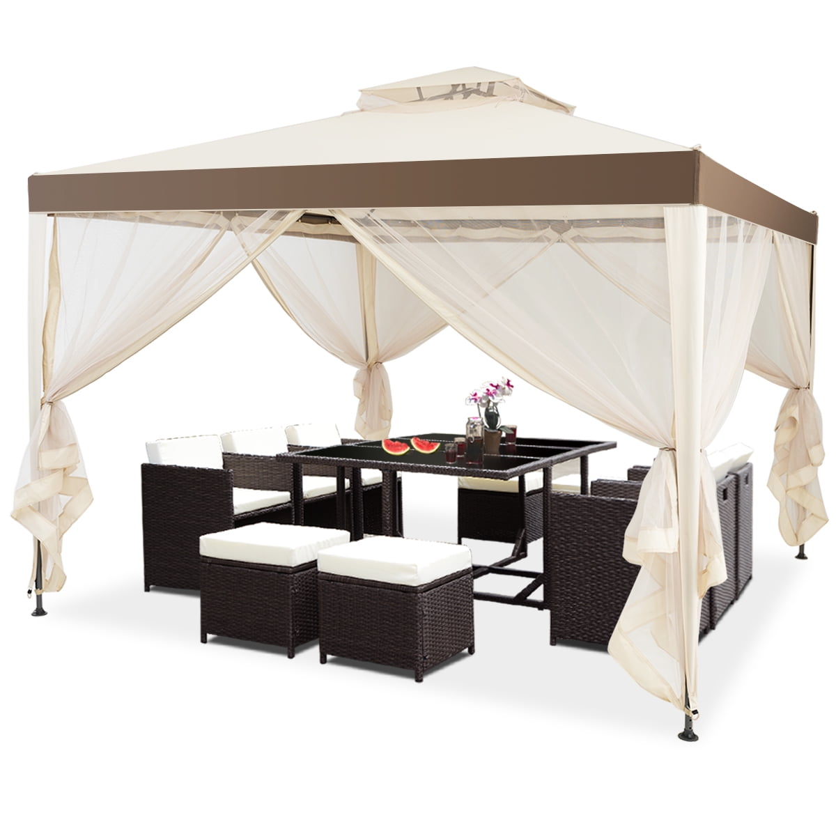 Costway Outdoor Event Canopy Tent with Mosquito Netting (Beige, 10 ft x 10 ft) 2gfqa