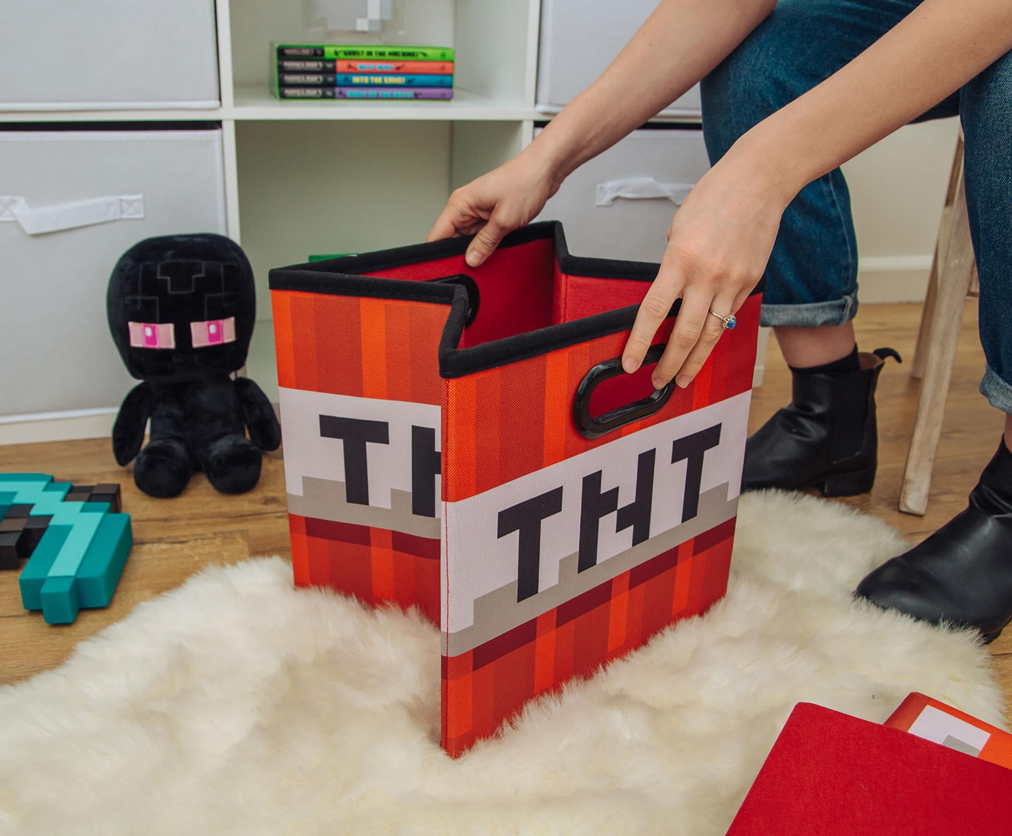 Minecraft TNT Block Fabric Storage Bin Cube Organizer with Lid (Red, 13 in) jqqhy