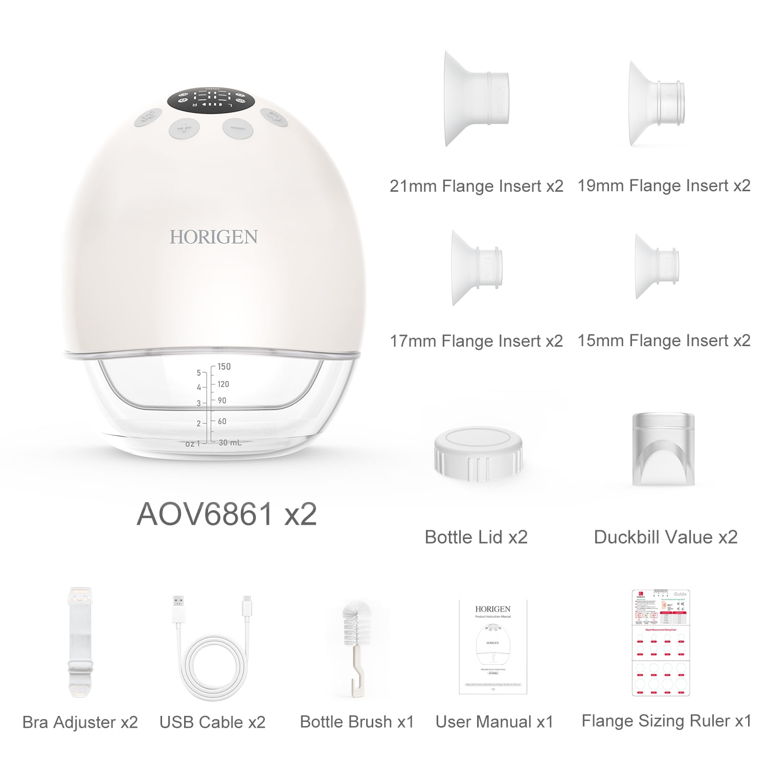 Horigen AOV6861 Double Electric Breast Pump, Wearable Hands-Free Design, Smart Memory & 3D Pumping Technology (White, 5 fl oz) mud9m