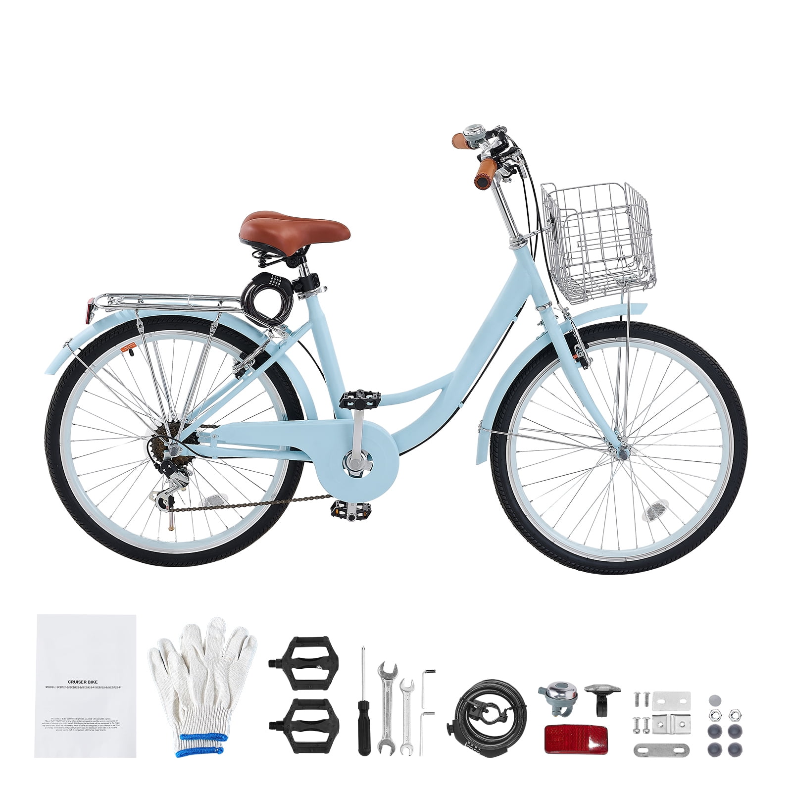 KFFKFF 24 in Cruiser Bike, 7-Speed Coastal Bicycle with Basket and Rear Rack (Sky Blue, 24 in) i47h3