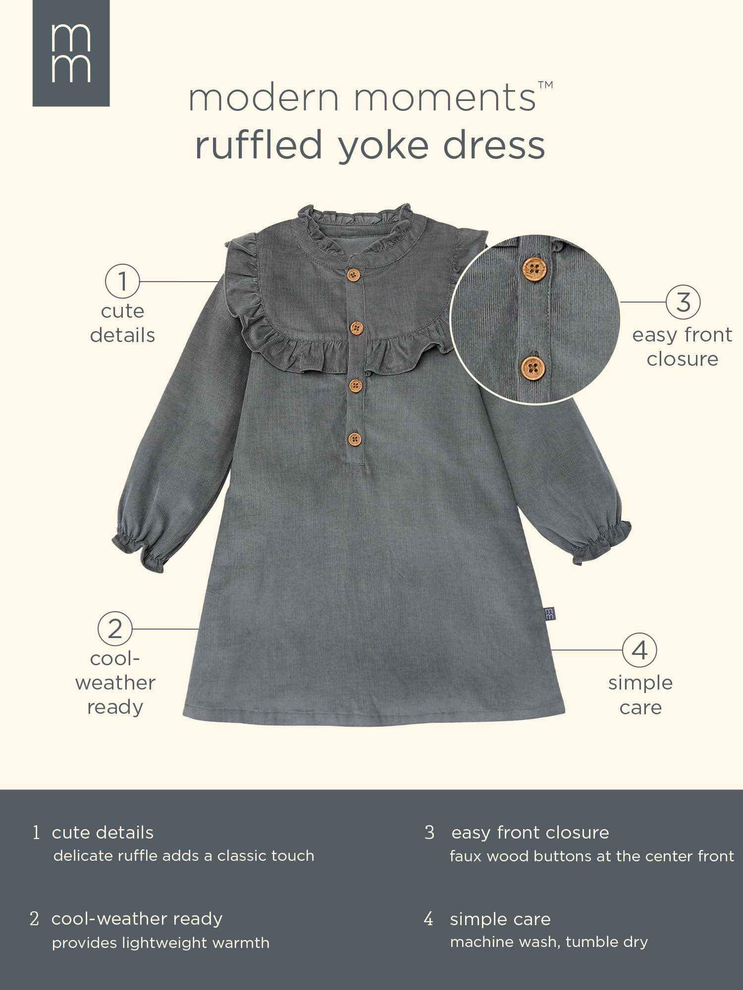 Modern Moments by Gerber Toddler Girl Ruffled Yoke Dress (Grey, 12M-5T) hky2t