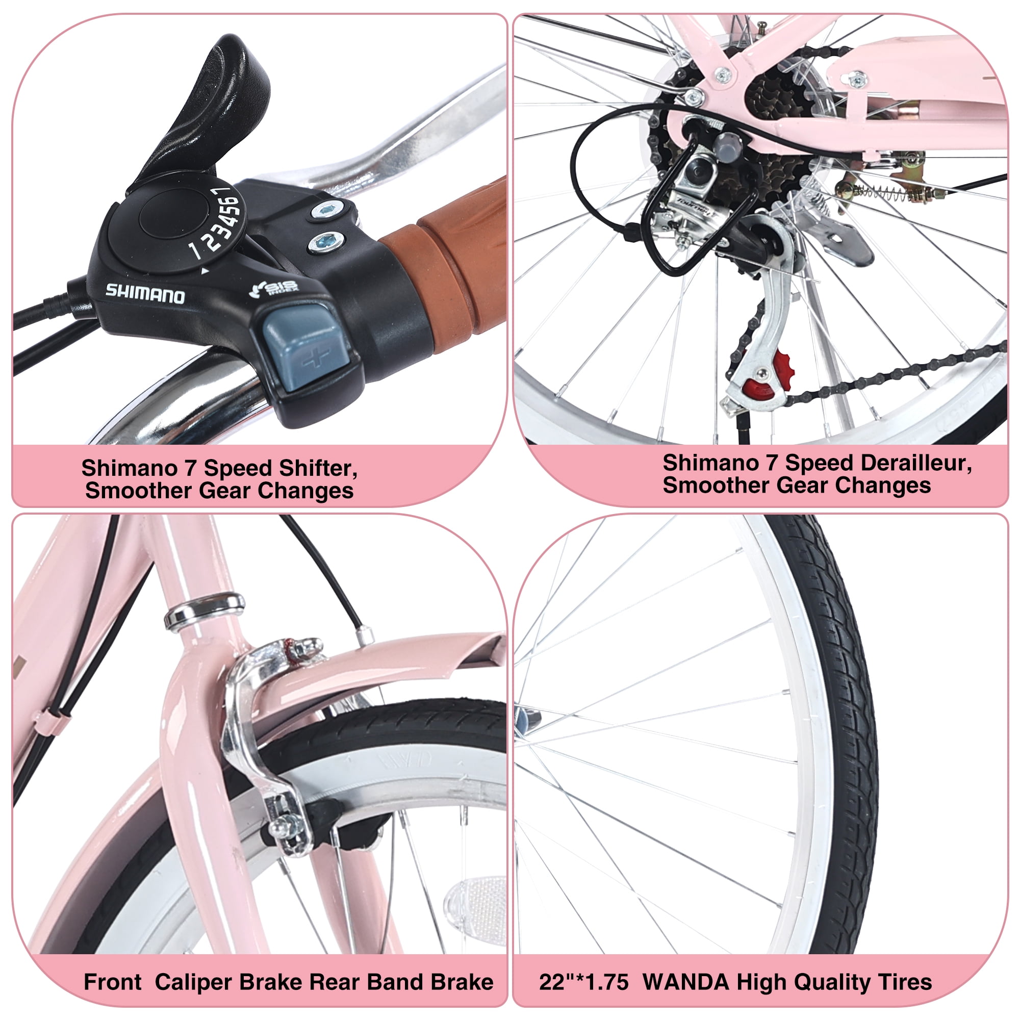 Tyethy Women's Beach Cruiser Bike 7-Speed Lady Bicycle with Basket (Pink, 22 in) tvizs