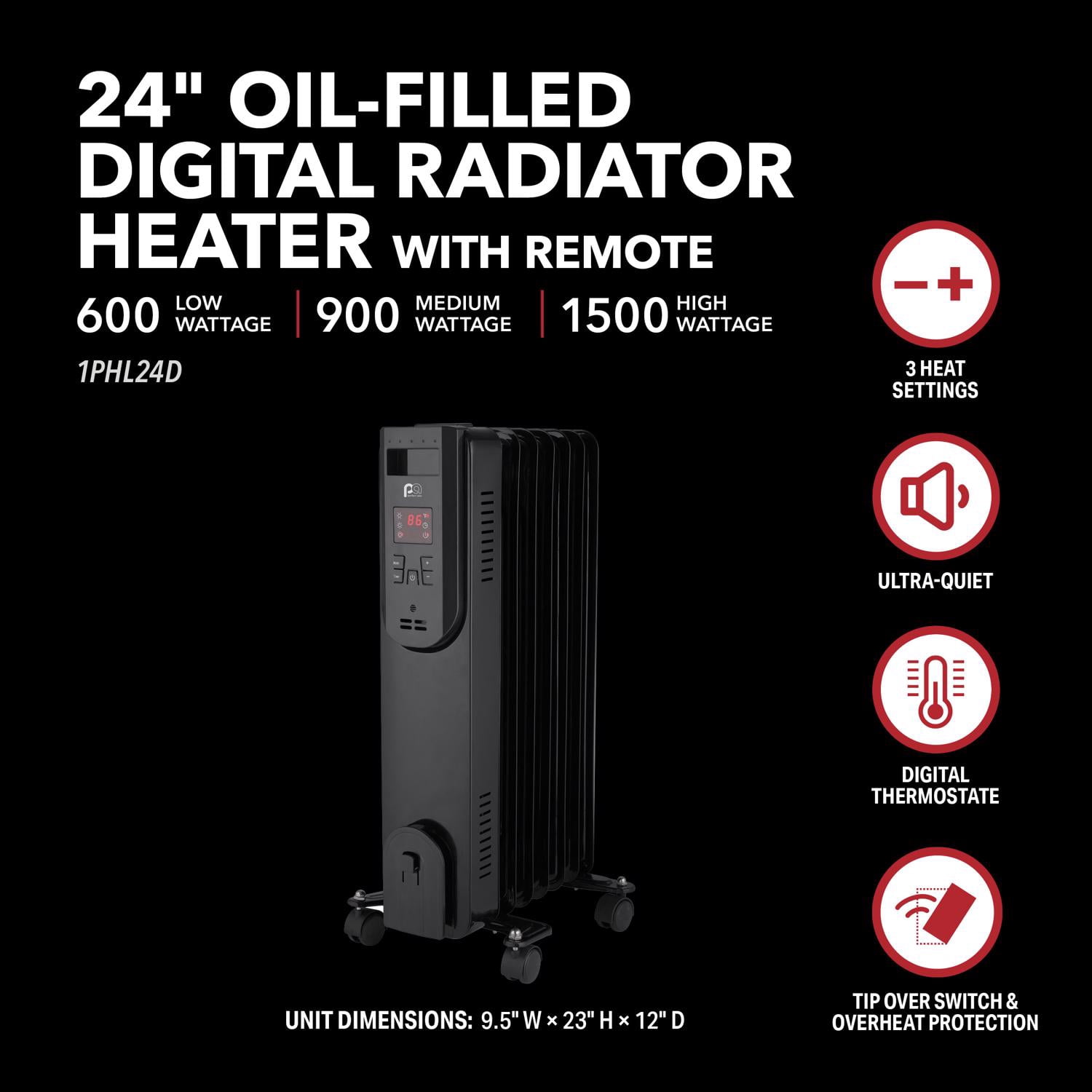 Perfect Aire 1500W Digital Oil Filled Space Heater with Adjustable Thermostat (Black, 14.3 in x 9.4 in x 23.6 in) k3kx8