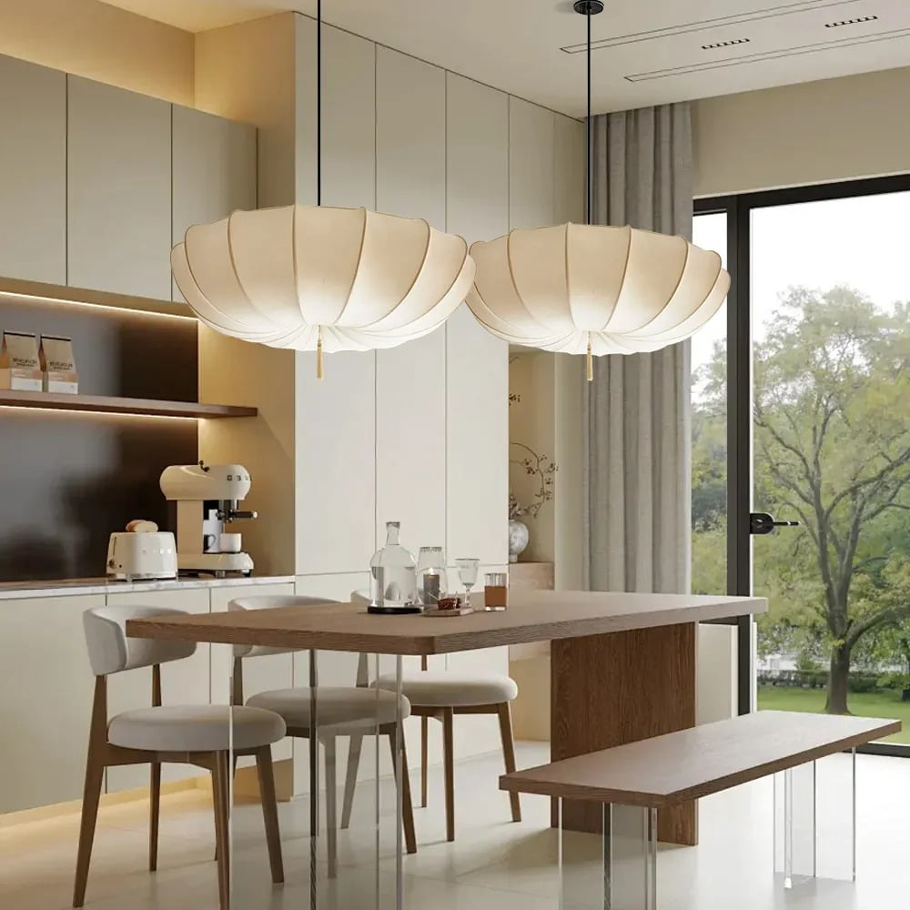 Viaurbe Japanese Minimalist Fabric Shade Chandelier with Iron Frame (Round, 18 in) 4kf1h