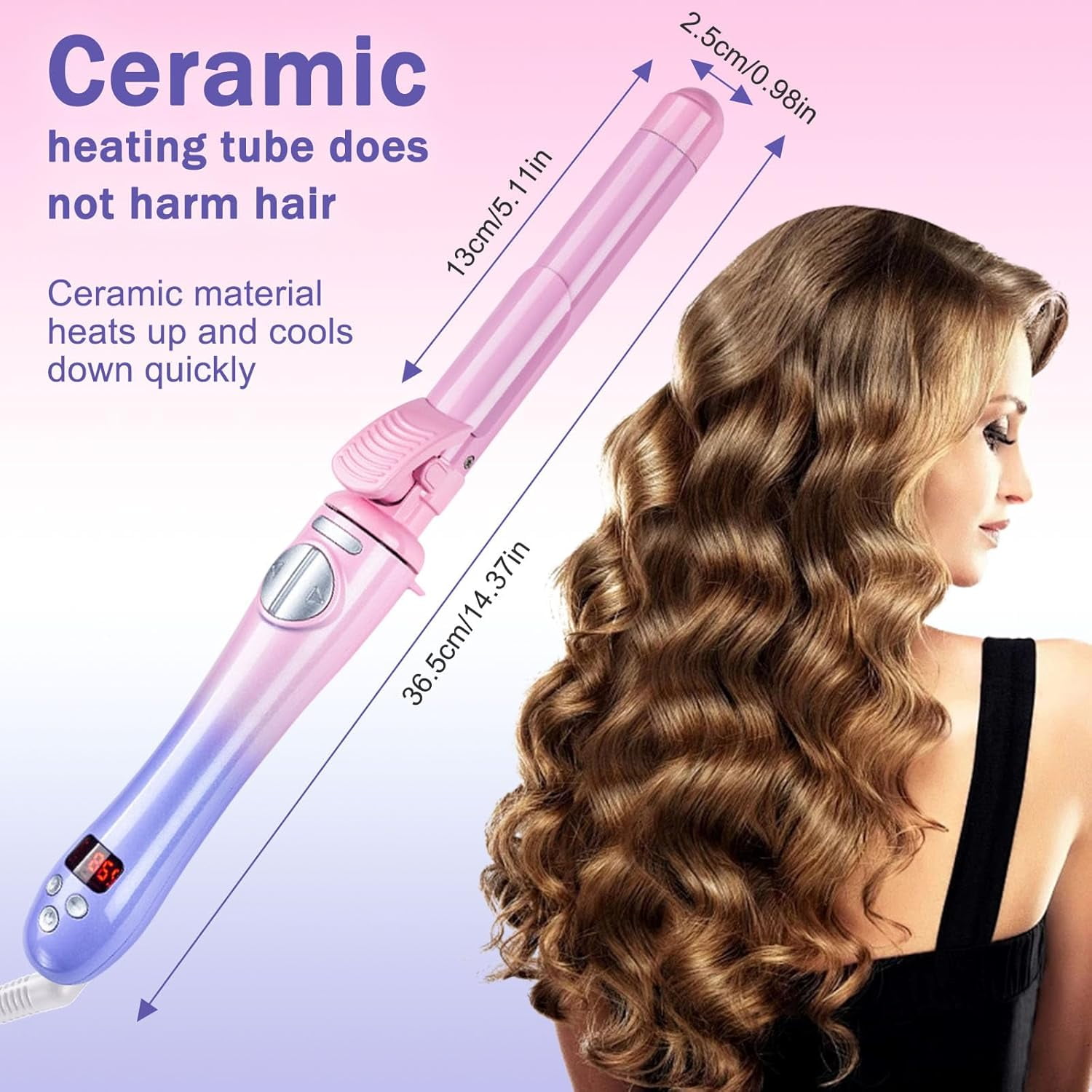 Generic Automatic Curling Iron Ceramic Hair Styler with Temperature Display (Pink, 5.1 in) o11n6