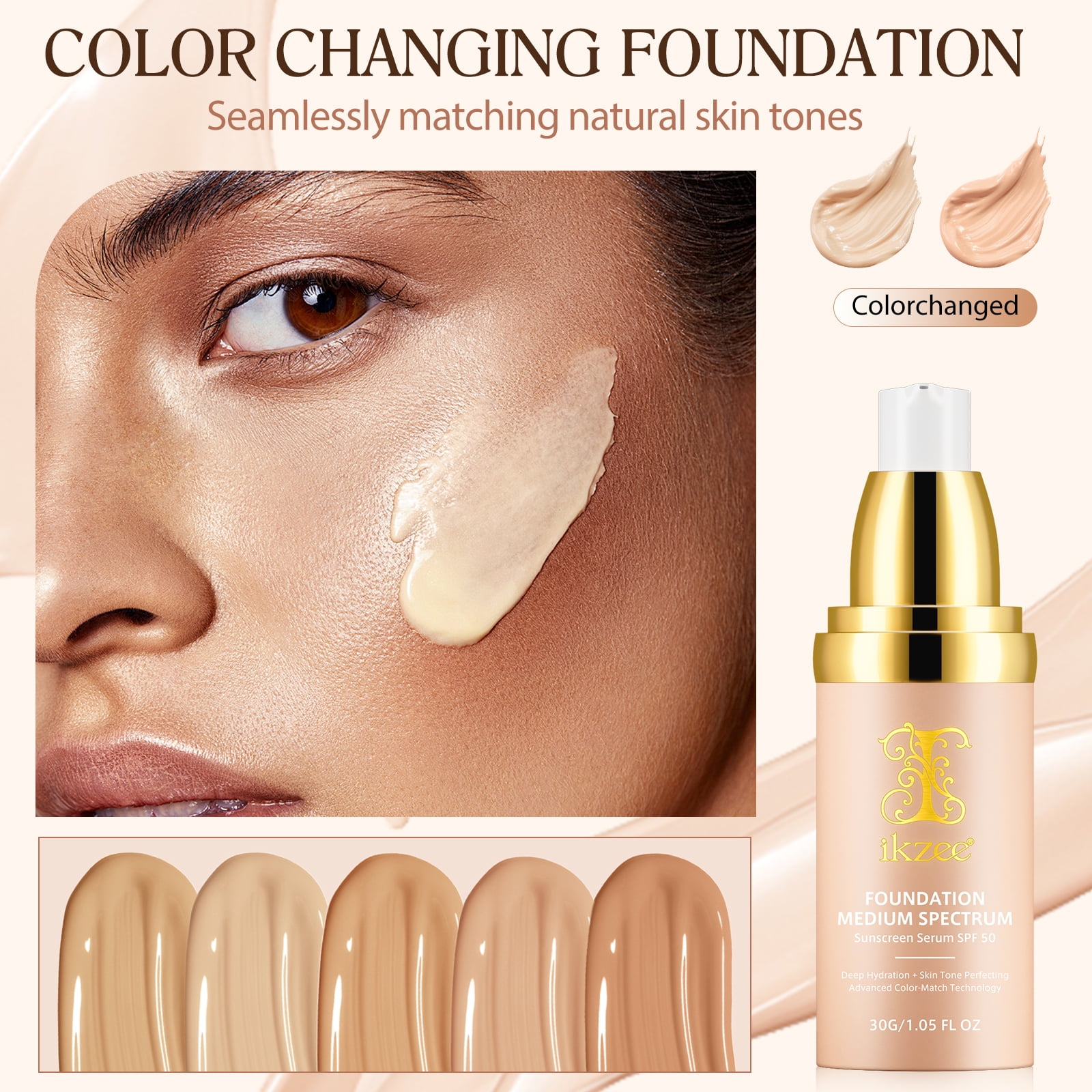 IKZEE 4-in-1 Foundation with Brush, Long-lasting Waterproof Coverage, SPF 50+ UV Protection (Medium, 1.06 oz) 76rsw