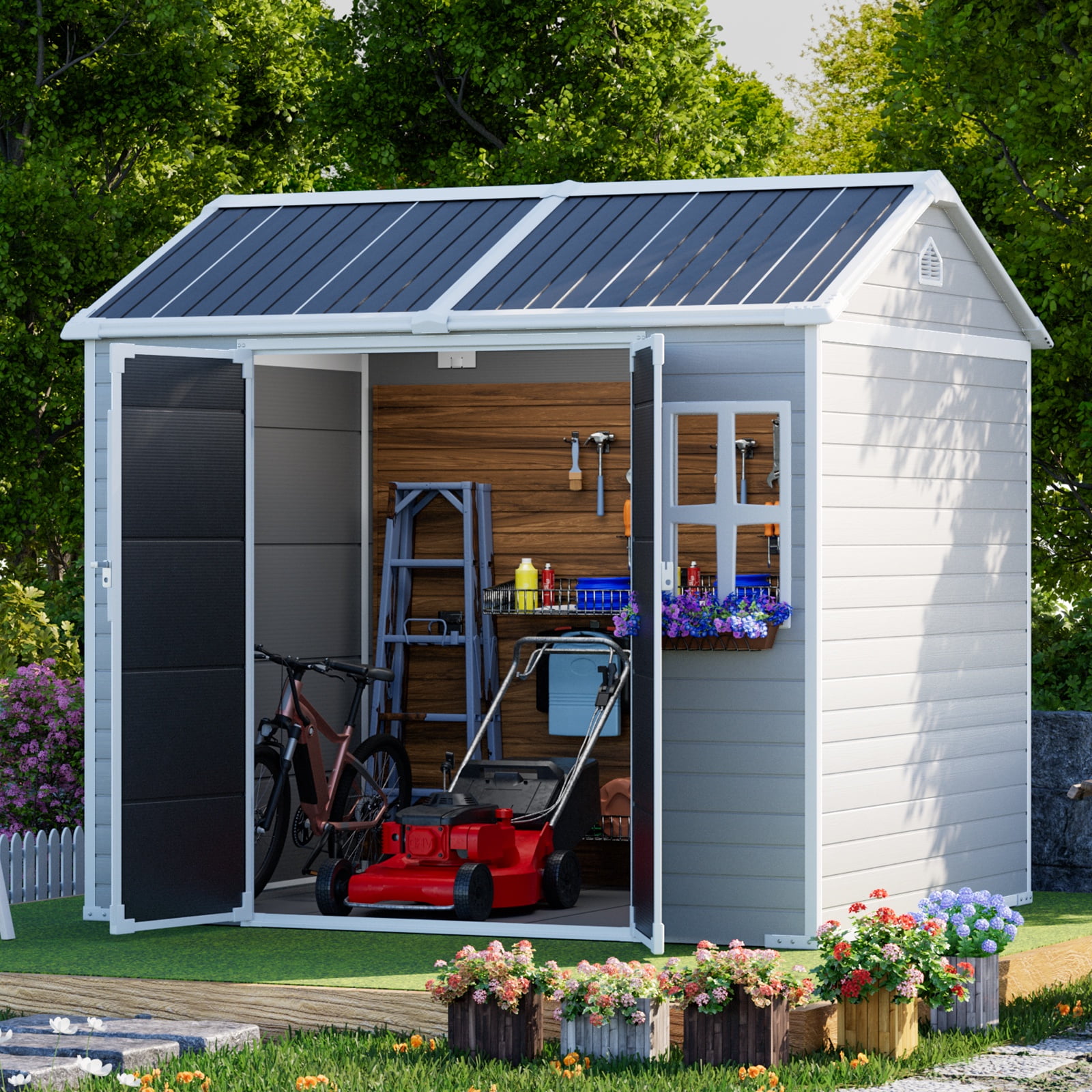 JULY'S SONG Outdoor Storage Shed with Floor, Weather-Resistant Resin Garden Tool House with Lockable Door and Windows (Grey, 8x6 ft) liaf2