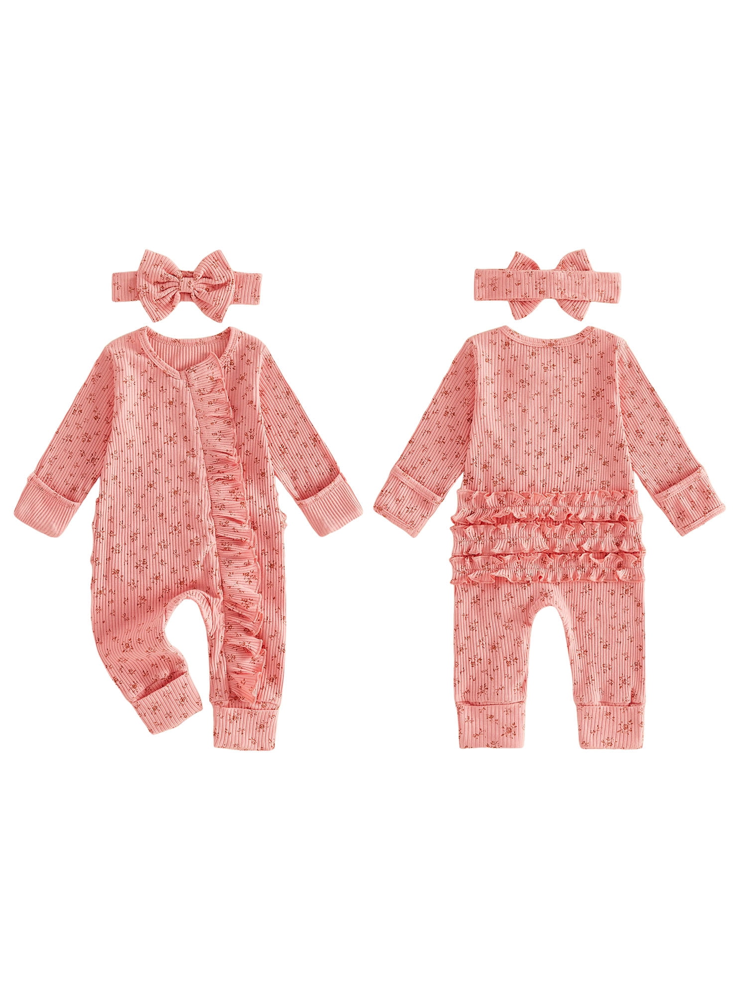 BemeyourBBs Newborn Baby Girl Ruffled Ribbed Romper and Headband Set (Pink, Preemie) df7ix