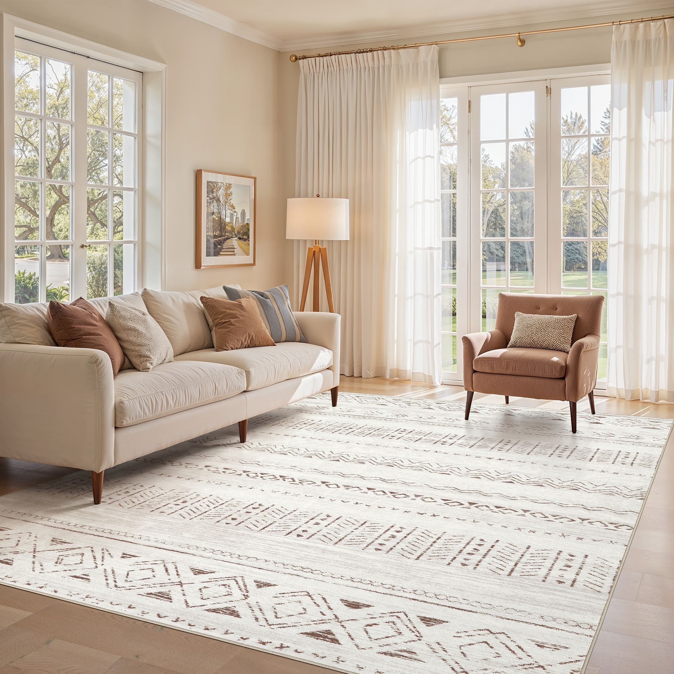 UERMEI Boho Moroccan Area Rug, Washable Geometric Distressed Indoor Carpet for Living Room and Bedroom (Brown, 5 ft x 7 ft) saexo