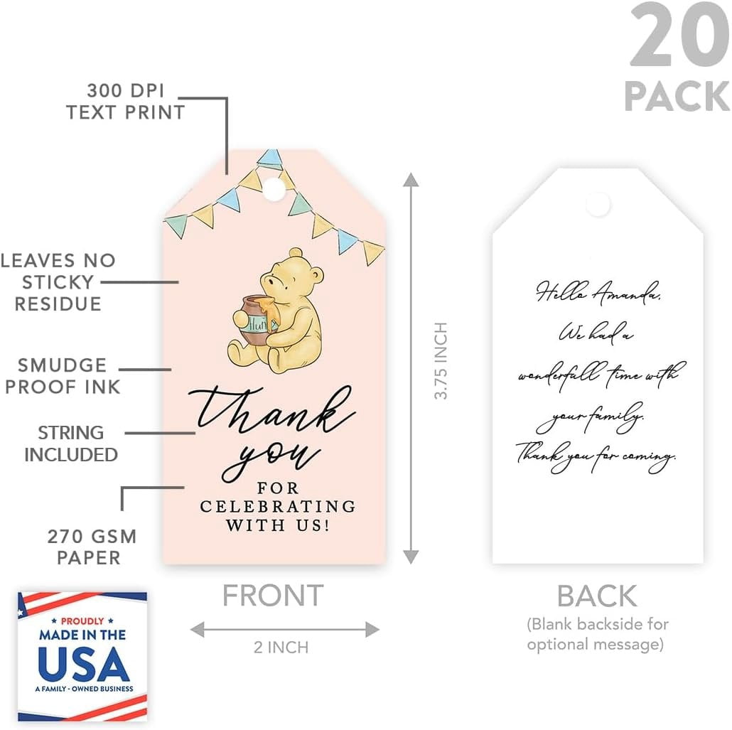 Koyal Wholesale Winnie The Pooh Baby Shower Thank You Tags (Pink, 20 Pack, 2 in x 3.75 in) n8s69