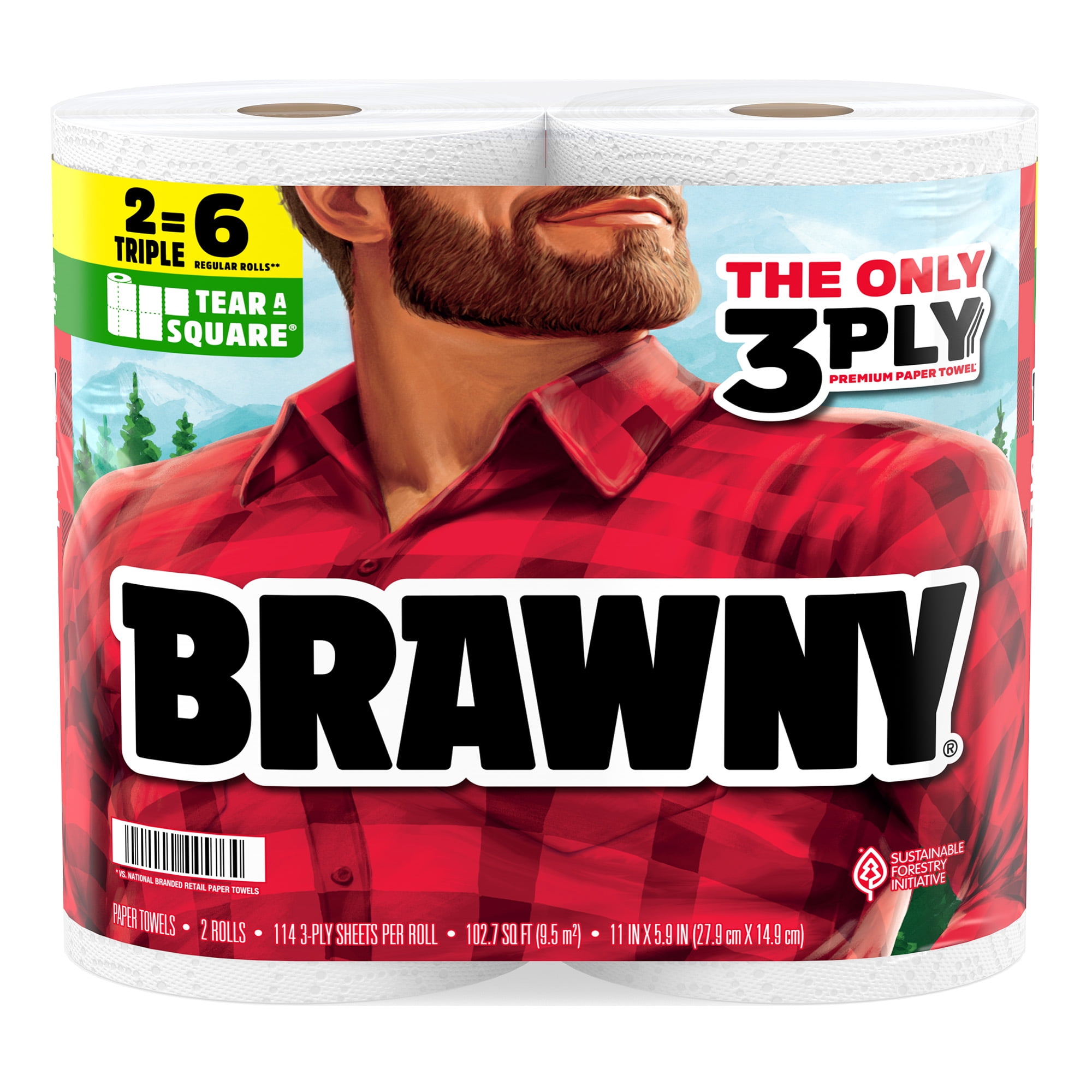 Brawny Tear-A-Square 3-Ply Paper Towels, Durable Absorbent Kitchen Rolls (White, 2 Triple Rolls, 228 Total Sheets) 013jf