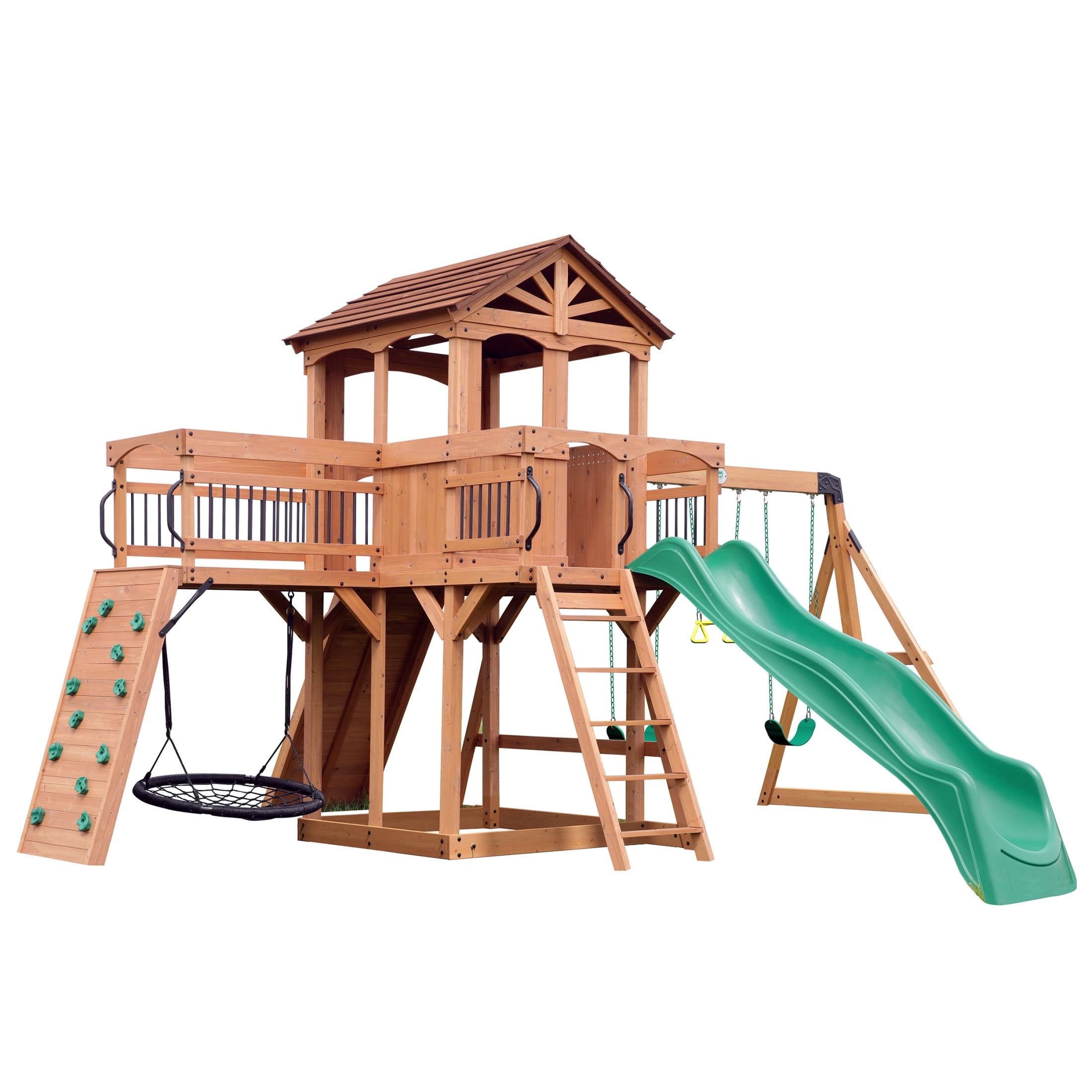Backyard Discovery Sterling Point Cedar Wood Swing Set with Clubhouse, Slide, and Bridge (Brown, 19 ft x 13 ft) n73lz