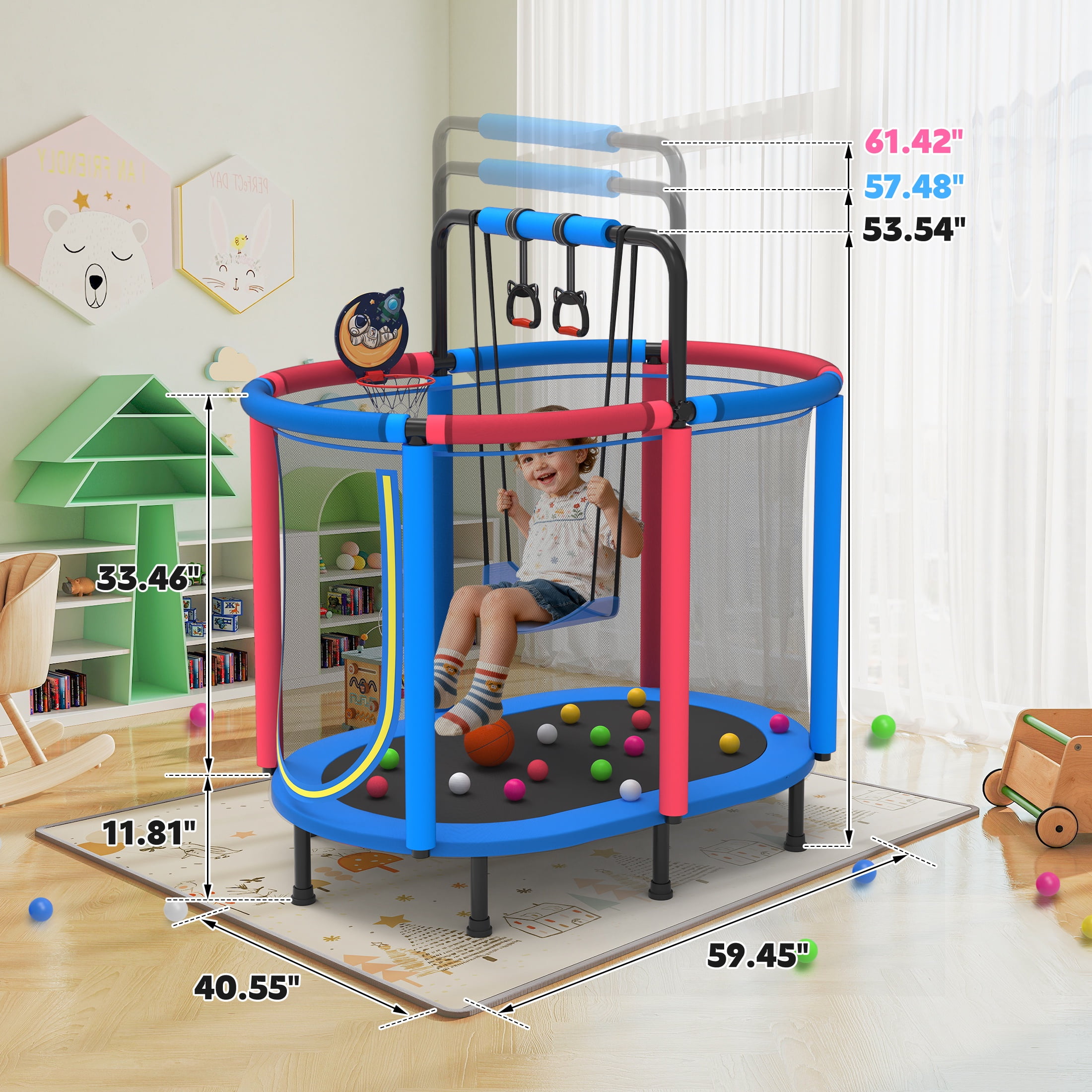 Segmart Kids Trampoline with Safety Enclosure, Basketball Hoop, Swing, and Gymnastic Rings (Blue, 60 in) zgj3e