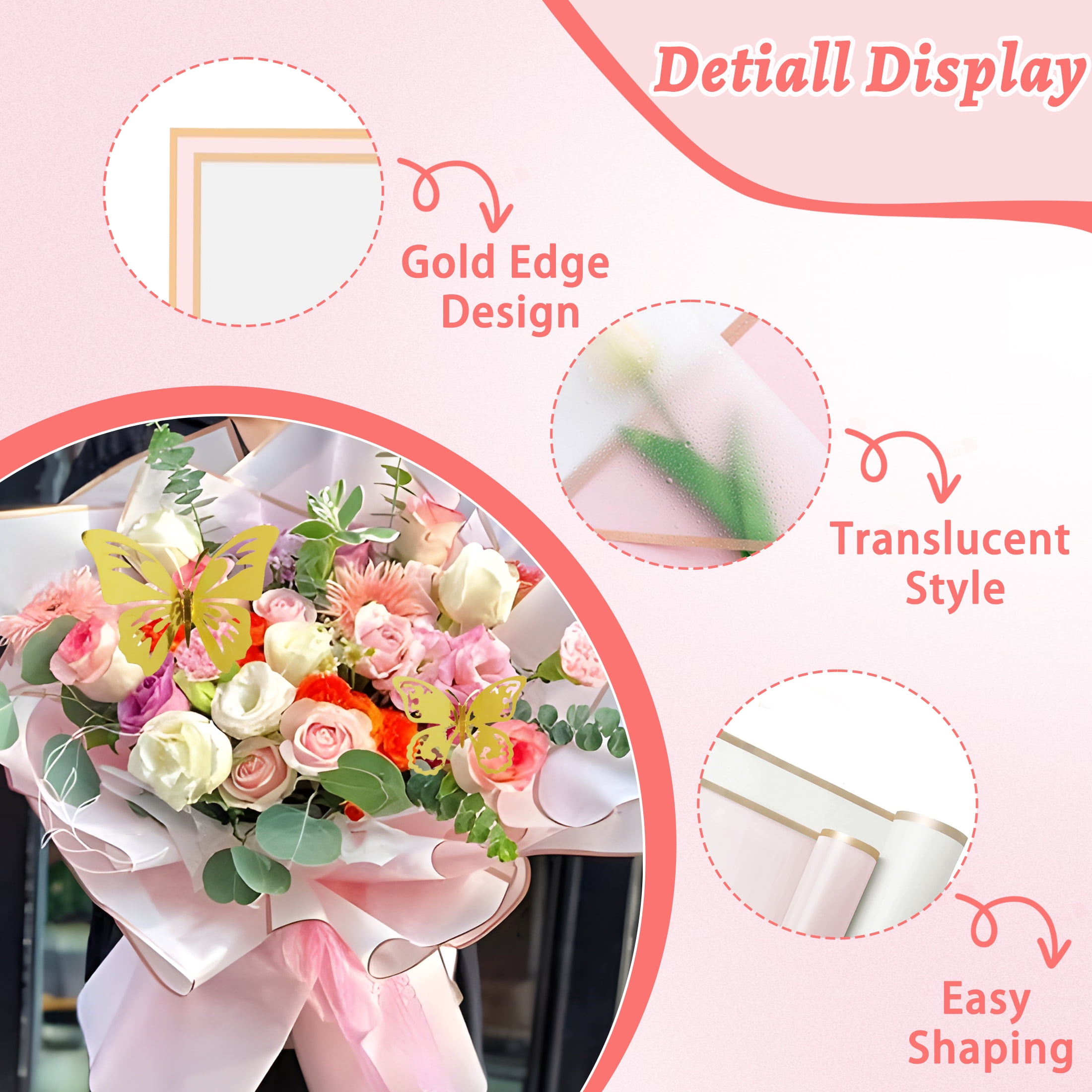 LANNEY Flower Bouquet Wrapping Paper Set, Waterproof Floral Wrap with Gold Butterfly Decor, Ribbon, and Pearl Pins (143 Pcs, 22.2 x 22.1 in) k4y5f